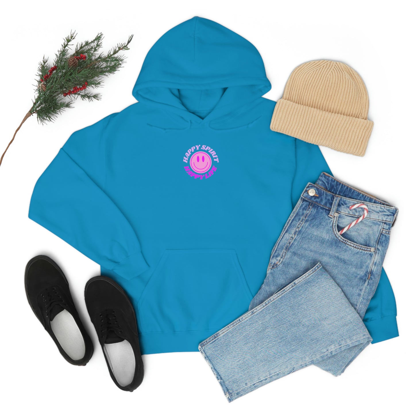 Happy Spirit Happy Life Hoodie Gildan VSCO Girl Sweatshirt, Oversized Tumblr Front Back Print Smile Happy Mind Trendy Retro Font Cover Up