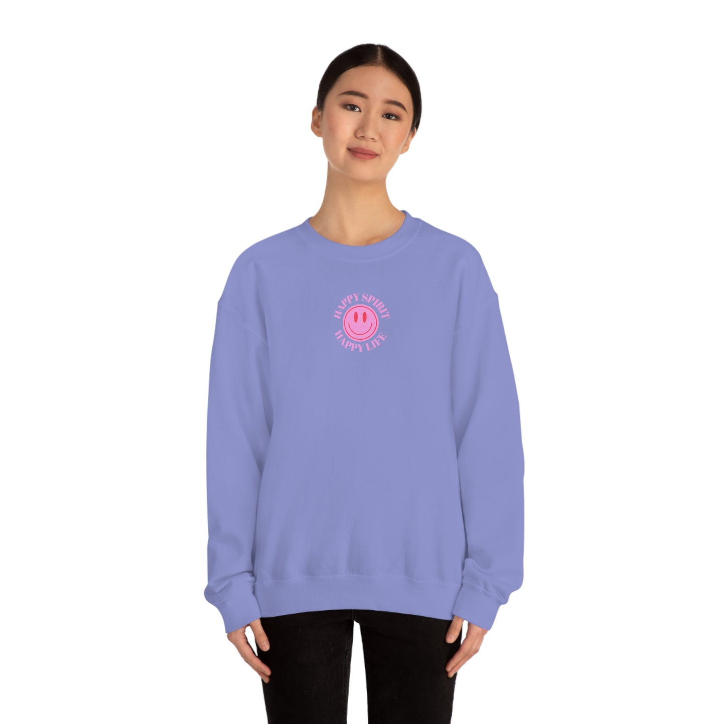 Retro Happy Spirit Happy Life Lavender Lilac Pink Smile Graphic Crewneck, VSCO Girl Sweatshirt, Tumblr Oversized Trendy Back Print Y2k Top
