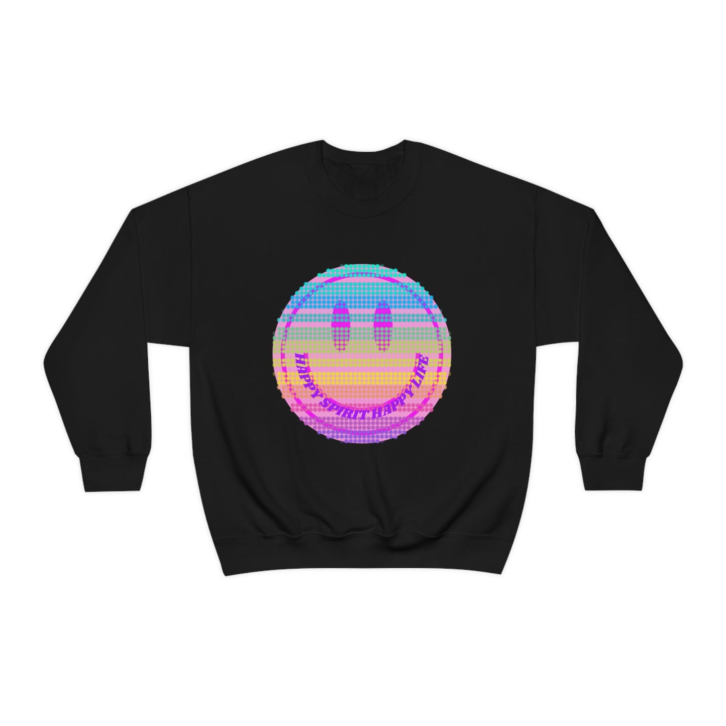 Happy Spirit Happy Life Sweatshirt, VSCO Girl Crewneck, Oversized Retro Font Graphic Tumblr, Front Print Smile Face Trendy Cover Up