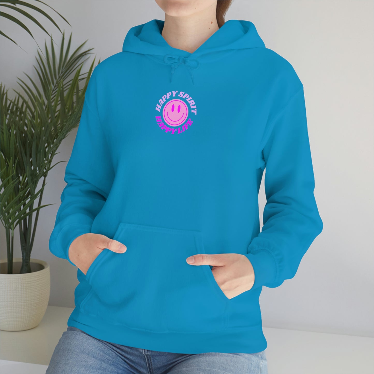Happy Spirit Happy Life Hoodie Gildan VSCO Girl Sweatshirt, Oversized Tumblr Front Back Print Smile Happy Mind Trendy Retro Font Cover Up