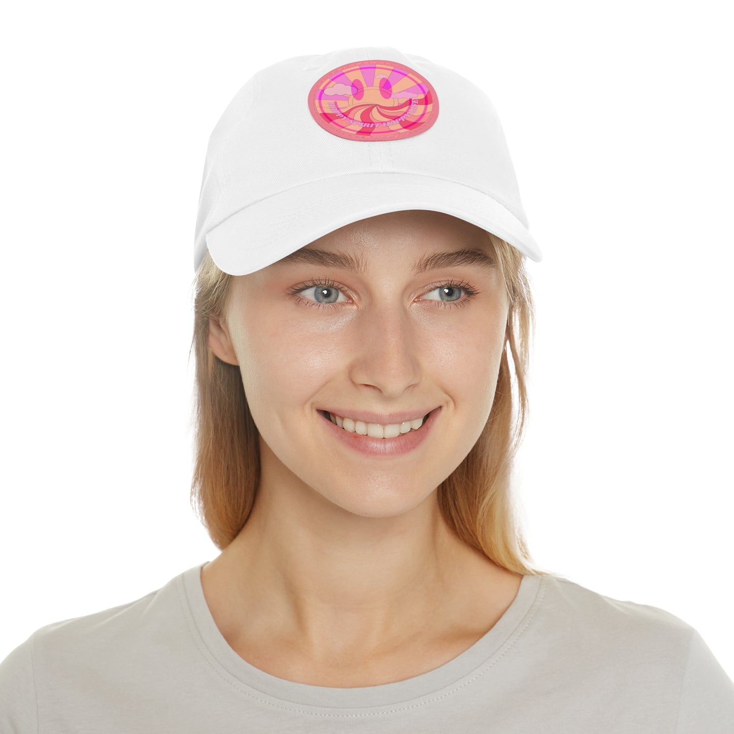 Aesthetic Pink Smile Hat, Pink Twill Dad Hat with Leather Patch (Round), Pink Golf Hat, Pink Twill Cap, Pink Cotton Hat, Pink Baseball Hat