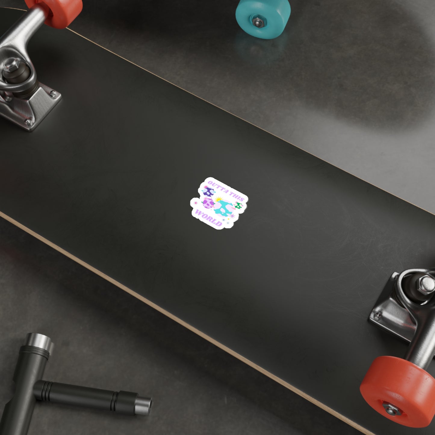 Retro Aesthetic Sticker Outta This World, Happy Mind Positivity Die-Cut Sticker, Pink Purple Galaxy Earth Smile Y2K Graphic