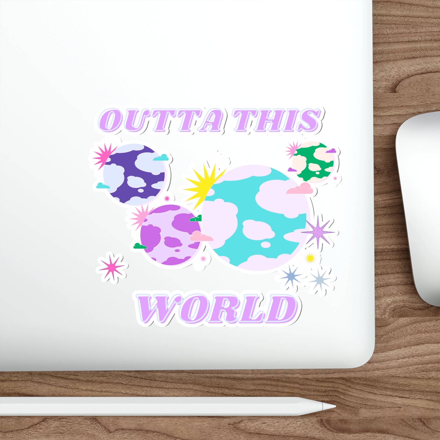 Retro Aesthetic Sticker Outta This World, Happy Mind Positivity Die-Cut Sticker, Pink Purple Galaxy Earth Smile Y2K Graphic