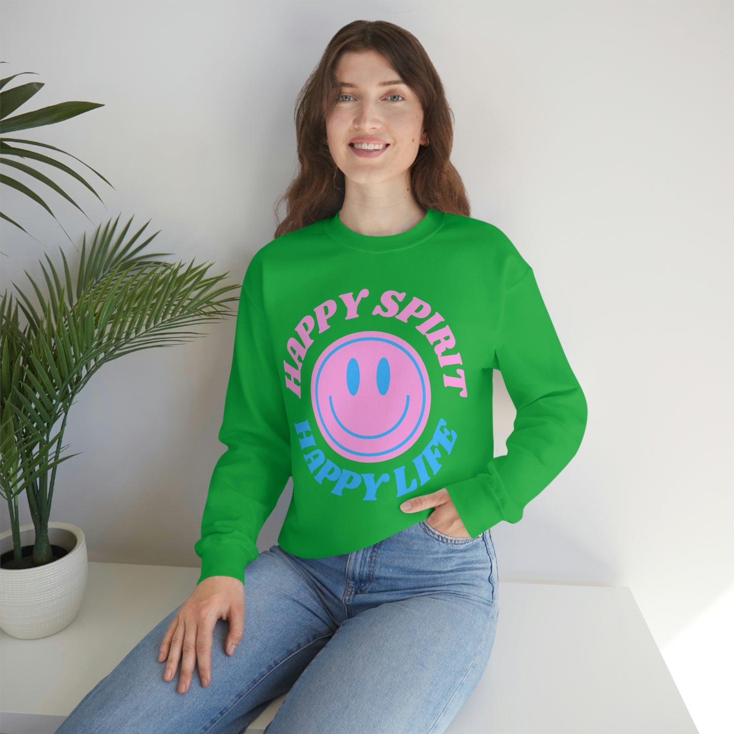 Happy Spirit Happy Life Sweatshirt, VSCO Girl Crewneck, Oversized Retro Font Graphic Tumblr, Front Print Smile Face Trendy Cover Up