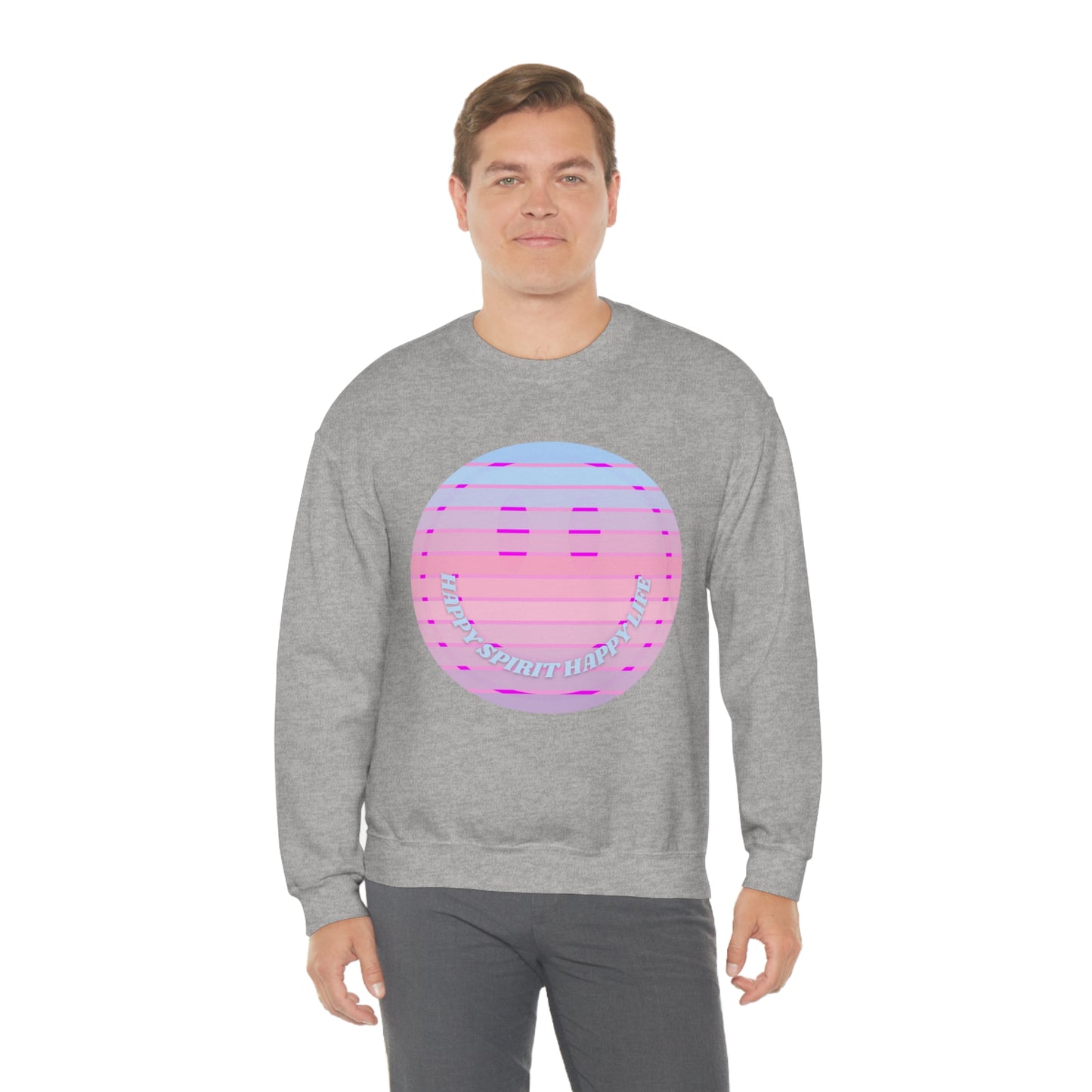 Happy Spirit Happy Life Sweatshirt, VSCO Girl Crewneck, Oversized Retro Font Graphic Tumblr, Front Print Smile Face Trendy Cover Up