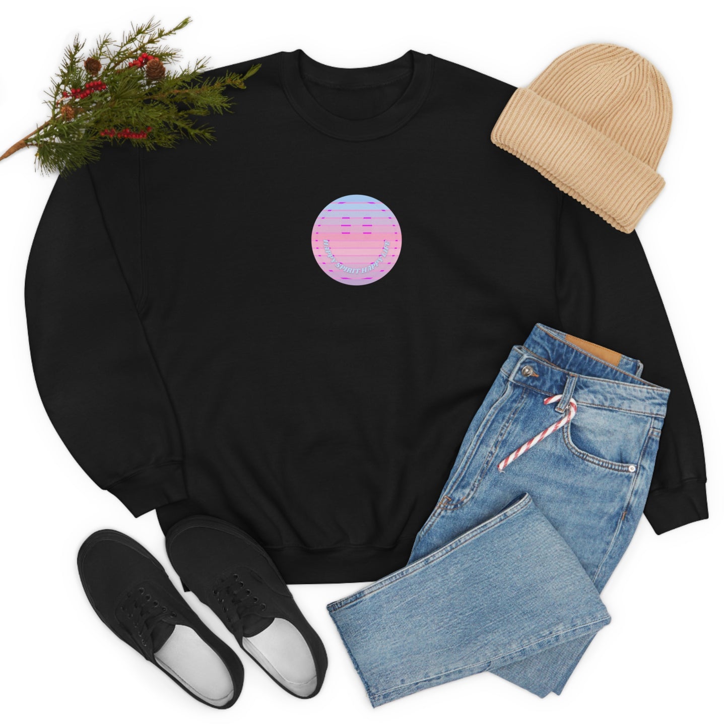 Happy Spirit Happy Life Sweatshirt, VSCO Girl Crewneck, Oversized Retro Font Graphic Tumblr, Front Print Smile Face Trendy Cover Up