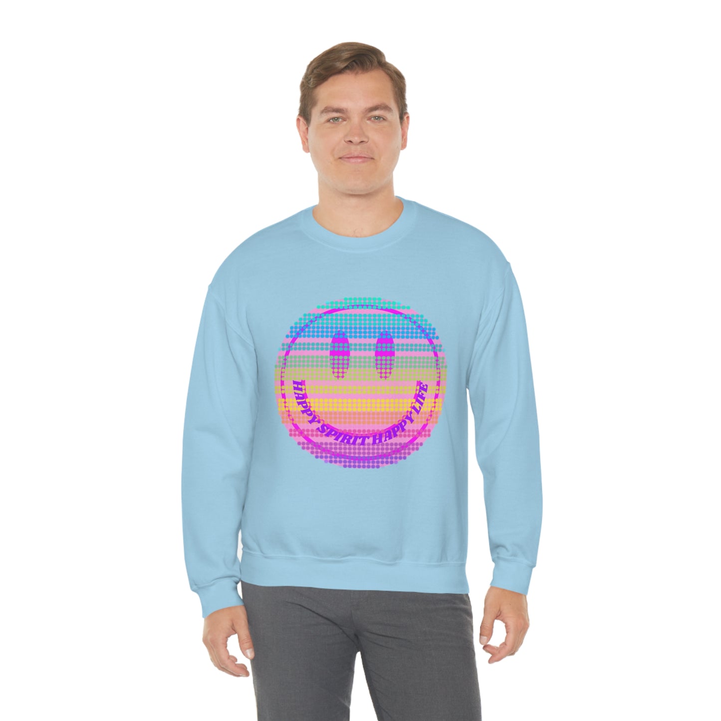 Happy Spirit Happy Life Sweatshirt, VSCO Girl Crewneck, Oversized Retro Font Graphic Tumblr, Front Print Smile Face Trendy Cover Up