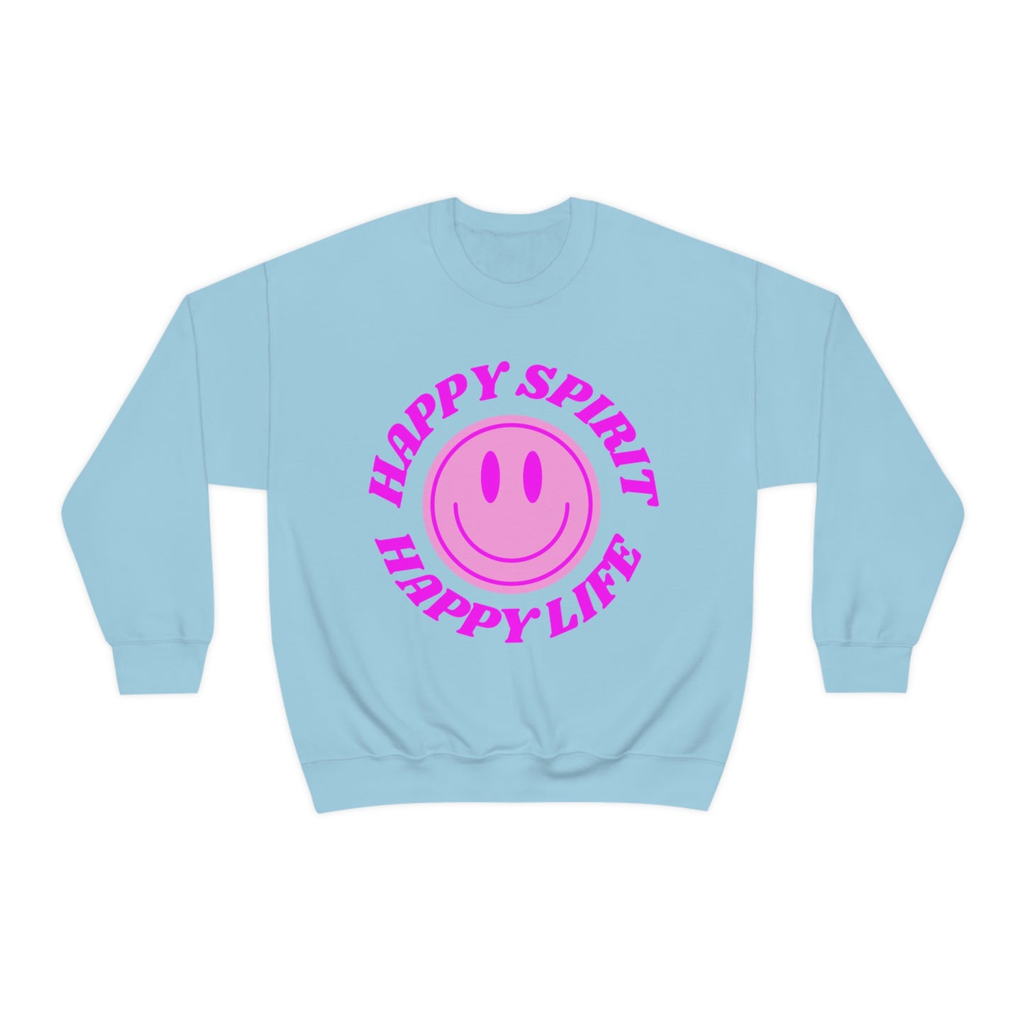 Happy Spirit Happy Life Sweatshirt, VSCO Girl Crewneck, Oversized Retro Font Graphic Tumblr, Front Print Smile Face Trendy Cover Up