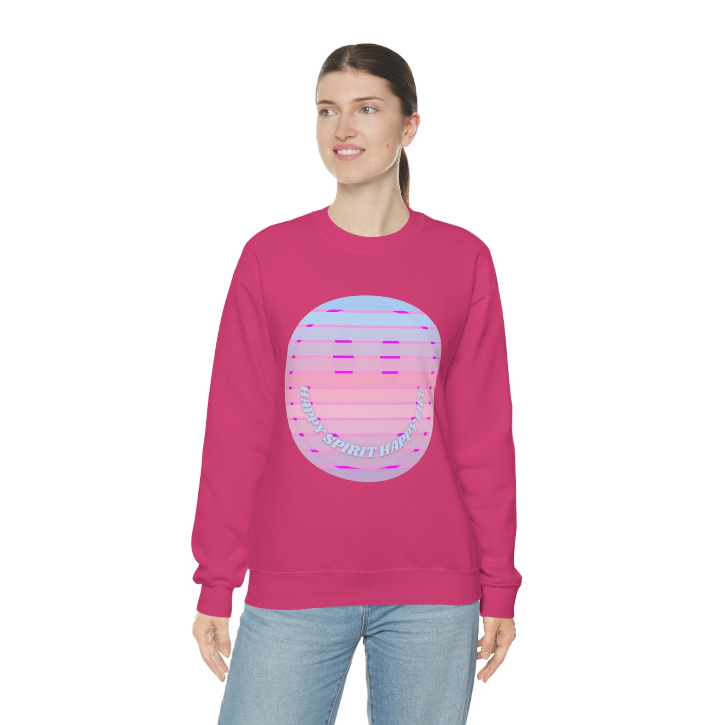 Happy Spirit Happy Life Sweatshirt, VSCO Girl Crewneck, Oversized Retro Font Graphic Tumblr, Front Print Smile Face Trendy Cover Up