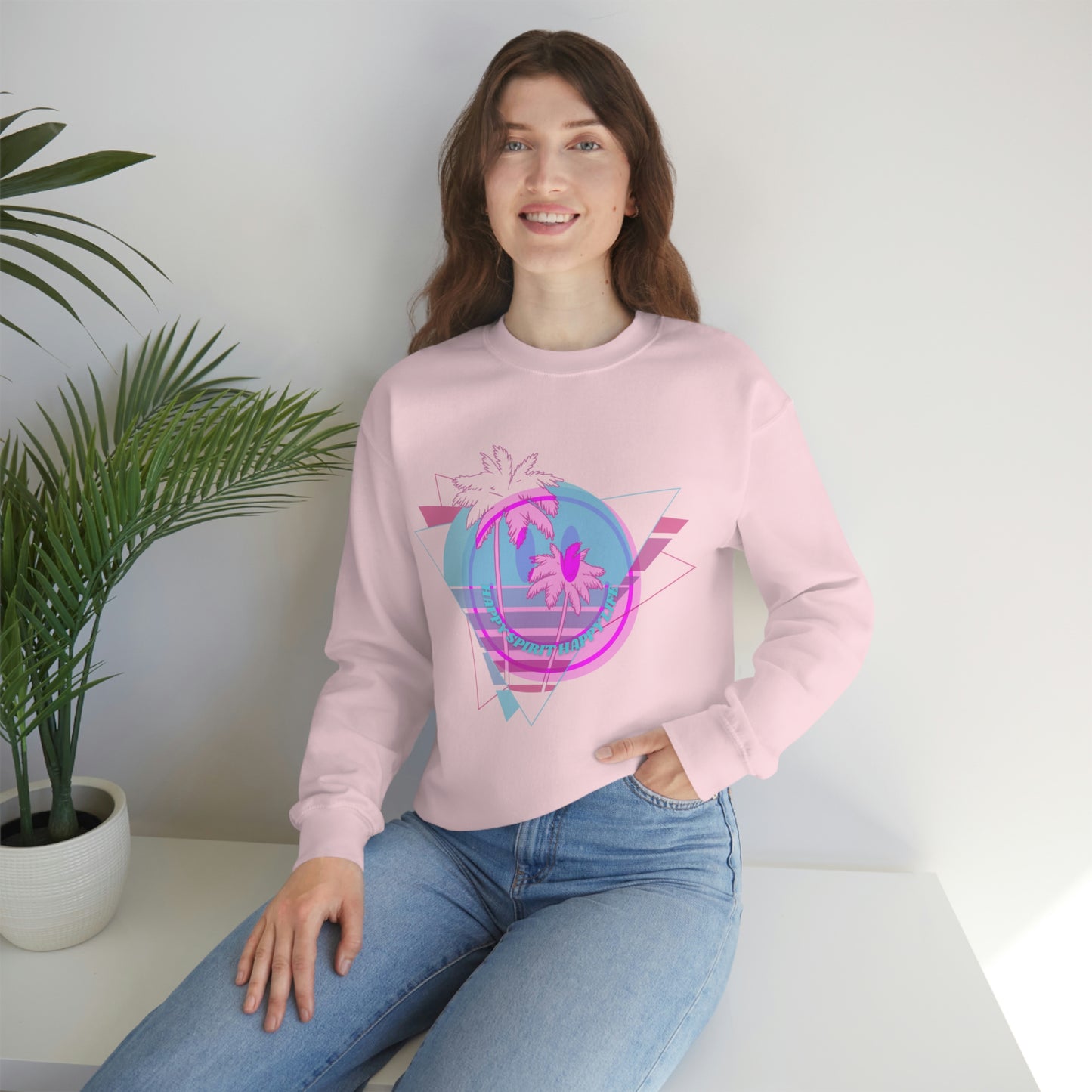 Happy Spirit Happy Life Sweatshirt, VSCO Girl Crewneck, Oversized Retro Font Graphic Tumblr, Front Print Smile Face Trendy Cover Up