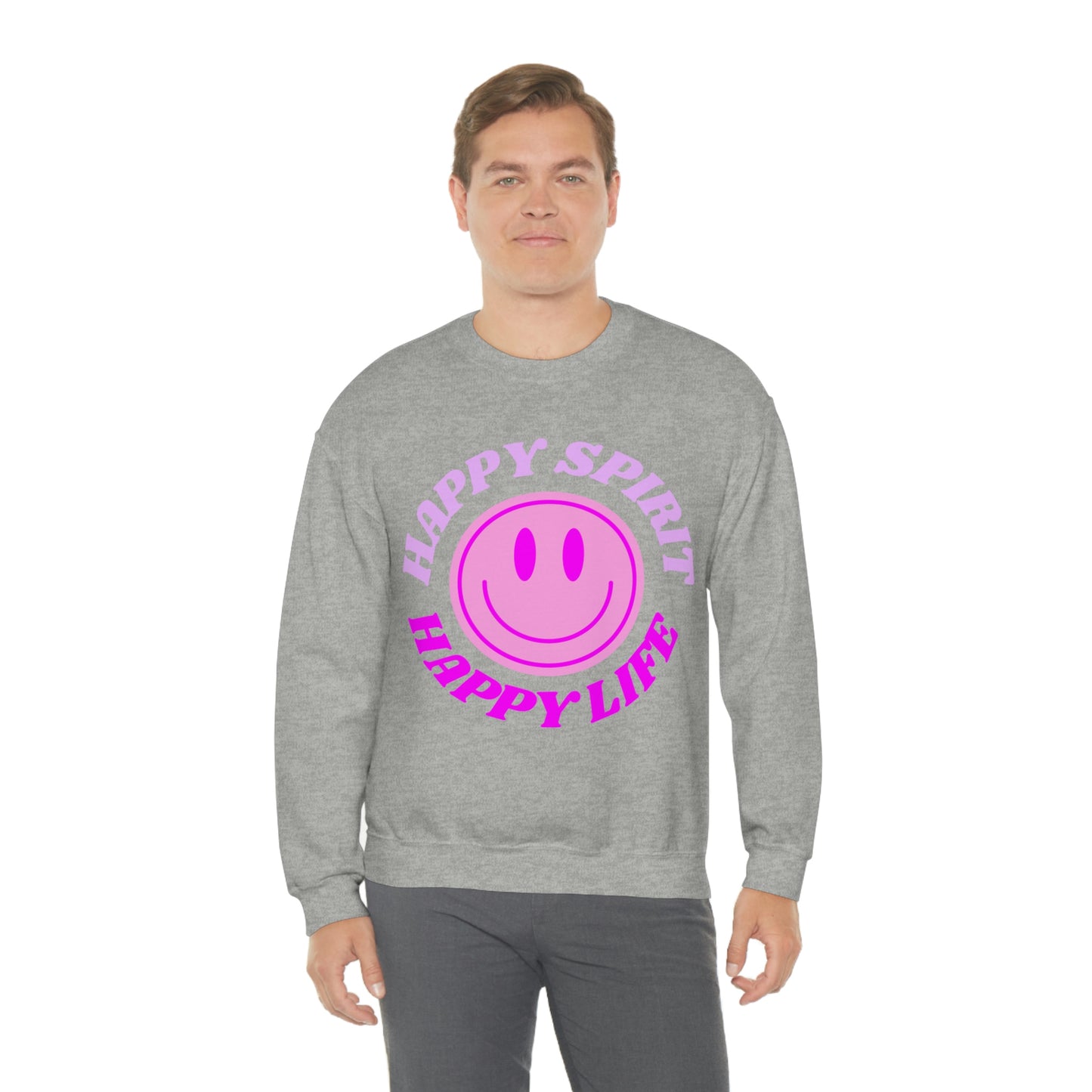Happy Spirit Happy Life Sweatshirt, VSCO Girl Crewneck, Oversized Retro Font Graphic Tumblr, Front Print Smile Face Trendy Cover Up