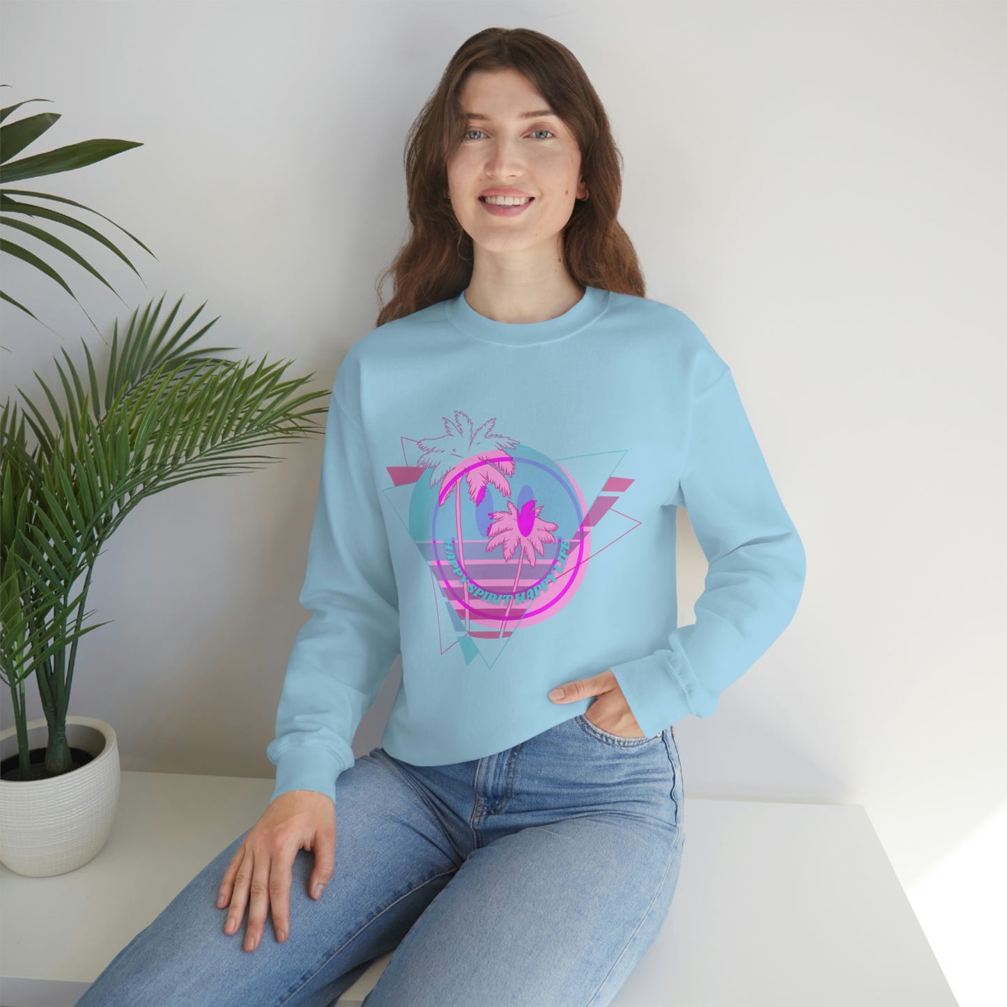 Happy Spirit Happy Life Sweatshirt, VSCO Girl Crewneck, Oversized Retro Font Graphic Tumblr, Front Print Smile Face Trendy Cover Up