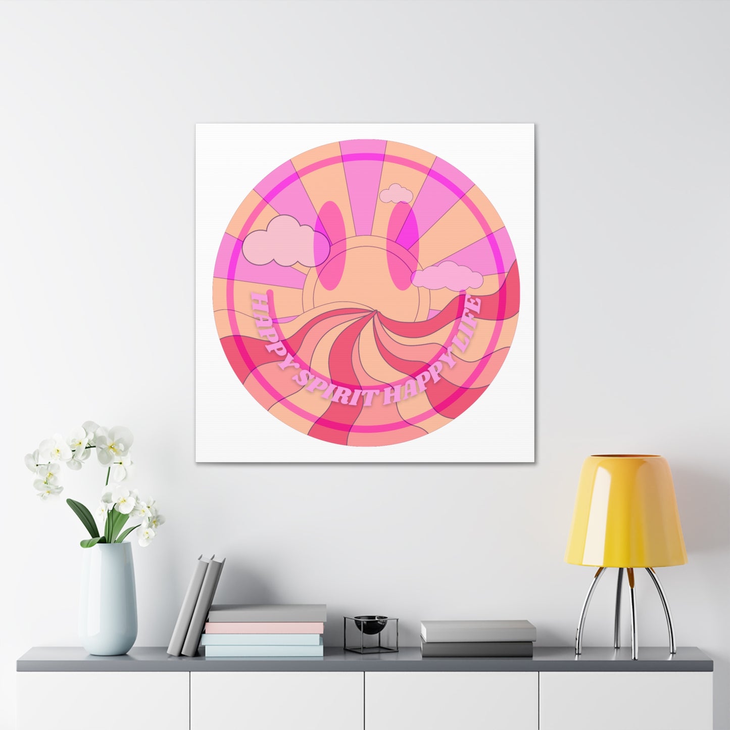 Smile Face Wall Art, Aesthetic Smile Face Gallery Canvas Wrap, Sunset Wall Art, Bedroom Wall Art, Pink Smile Decoration, Home Decoration