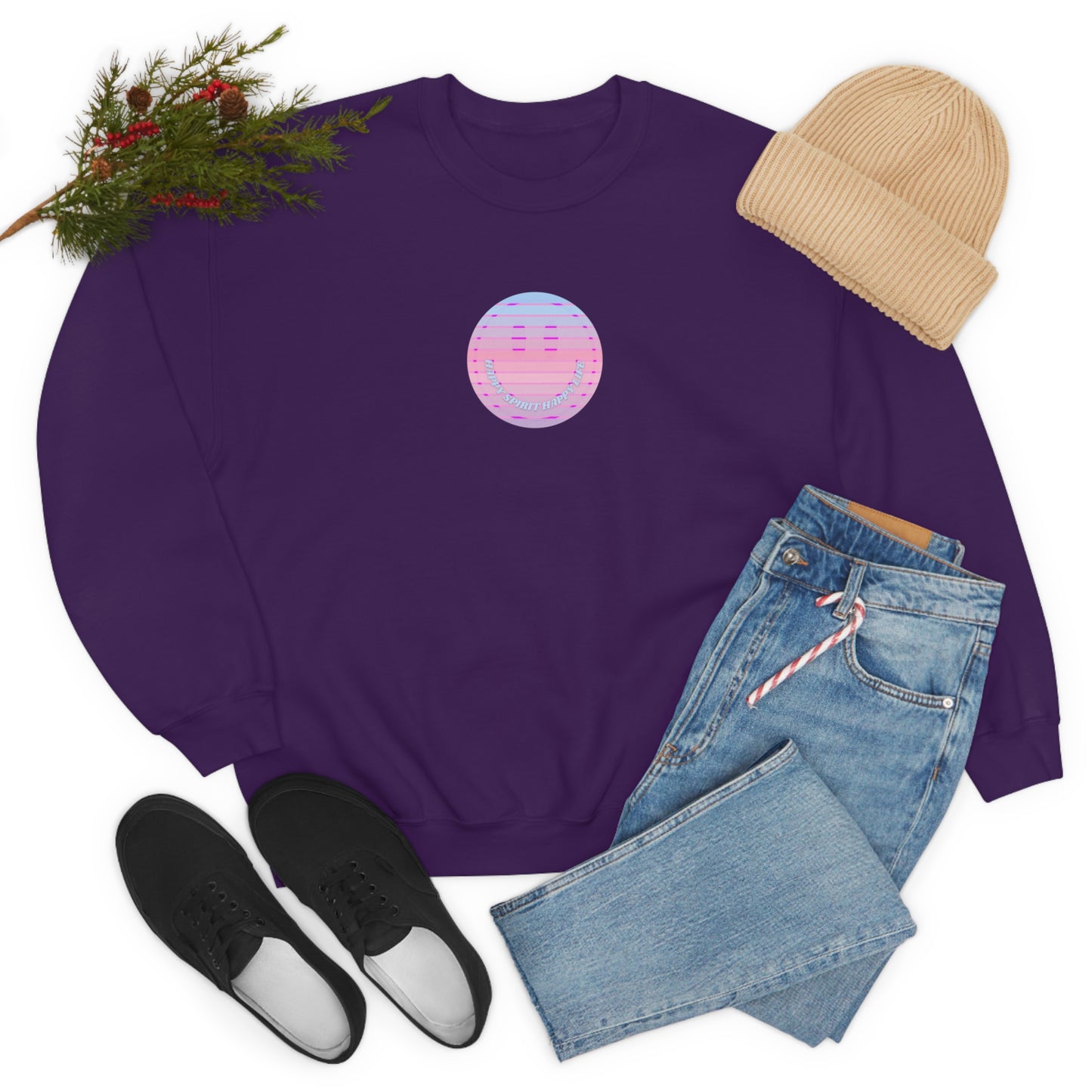 Happy Spirit Happy Life Sweatshirt, VSCO Girl Crewneck, Oversized Retro Font Graphic Tumblr, Front Print Smile Face Trendy Cover Up