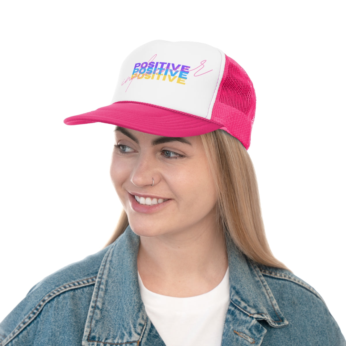 Pink Trucker Hat Positive Influencer - Aesthetic Hat Positivity Tumblr hat, Trendy Oversized Vsco girl, Pink Graphic Baseball Trucker Hat