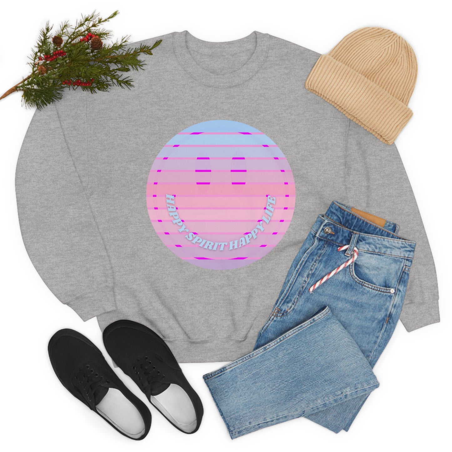 Happy Spirit Happy Life Sweatshirt, VSCO Girl Crewneck, Oversized Retro Font Graphic Tumblr, Front Print Smile Face Trendy Cover Up
