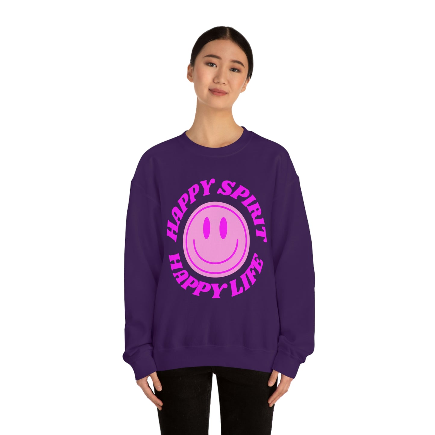 Happy Spirit Happy Life Sweatshirt, VSCO Girl Crewneck, Oversized Retro Font Graphic Tumblr, Front Print Smile Face Trendy Cover Up