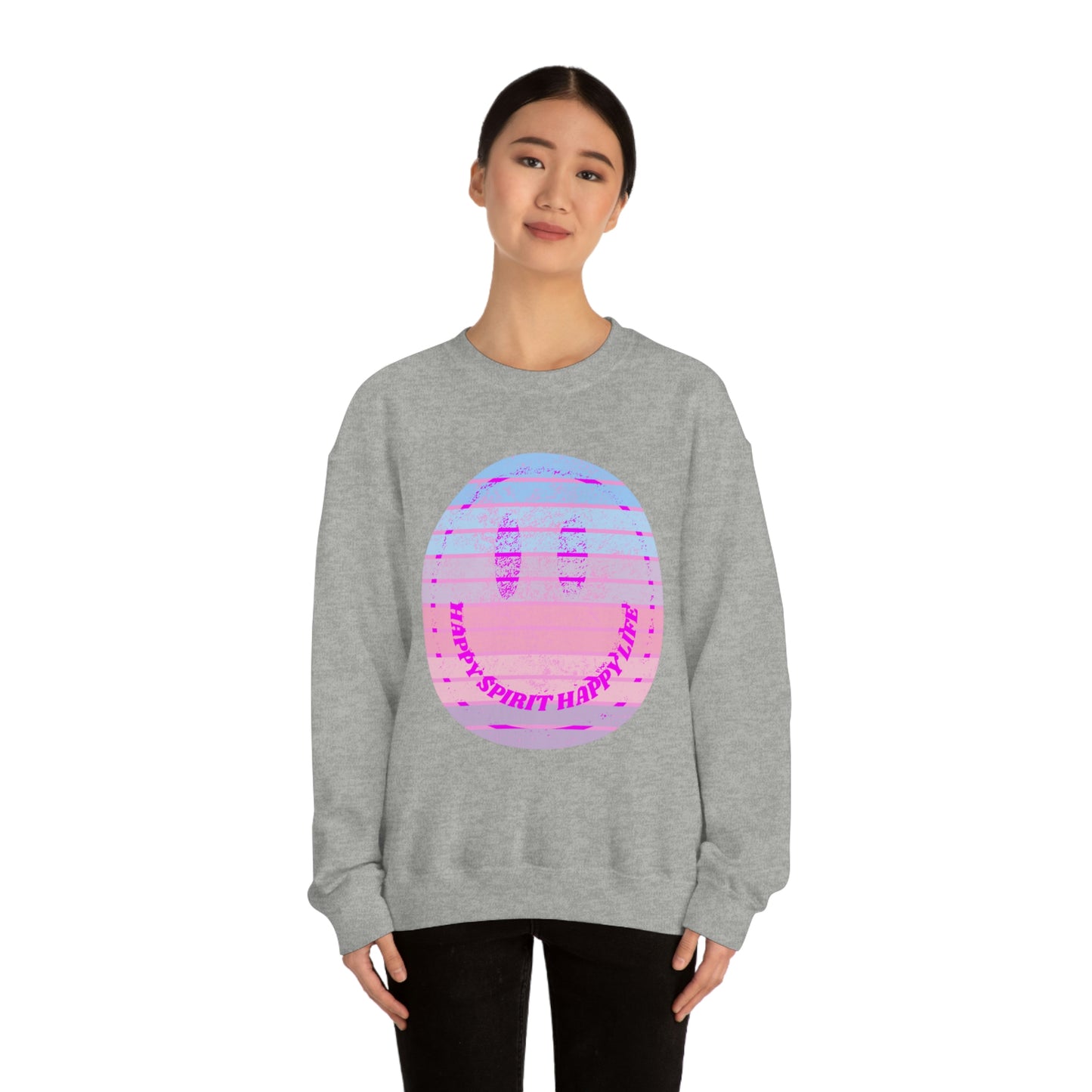 Happy Spirit Happy Life Sweatshirt, VSCO Girl Crewneck, Oversized Retro Font Graphic Tumblr, Front Print Smile Face Trendy Cover Up