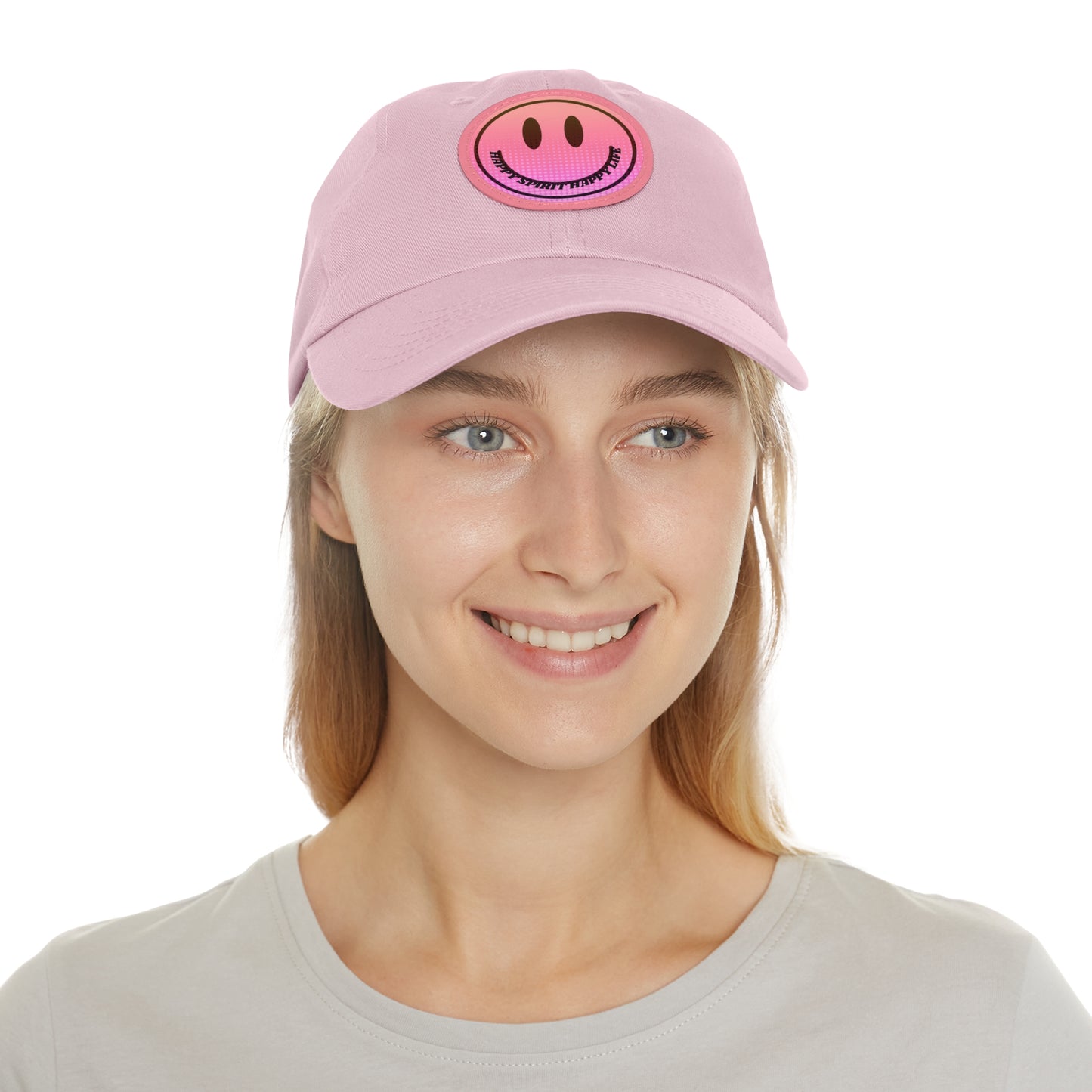 Aesthetic Pink Smile Hat, Pink Twill Dad Hat with Leather Patch (Round), Pink Golf Hat, Pink Twill Cap, Pink Cotton Hat, Pink Baseball Hat