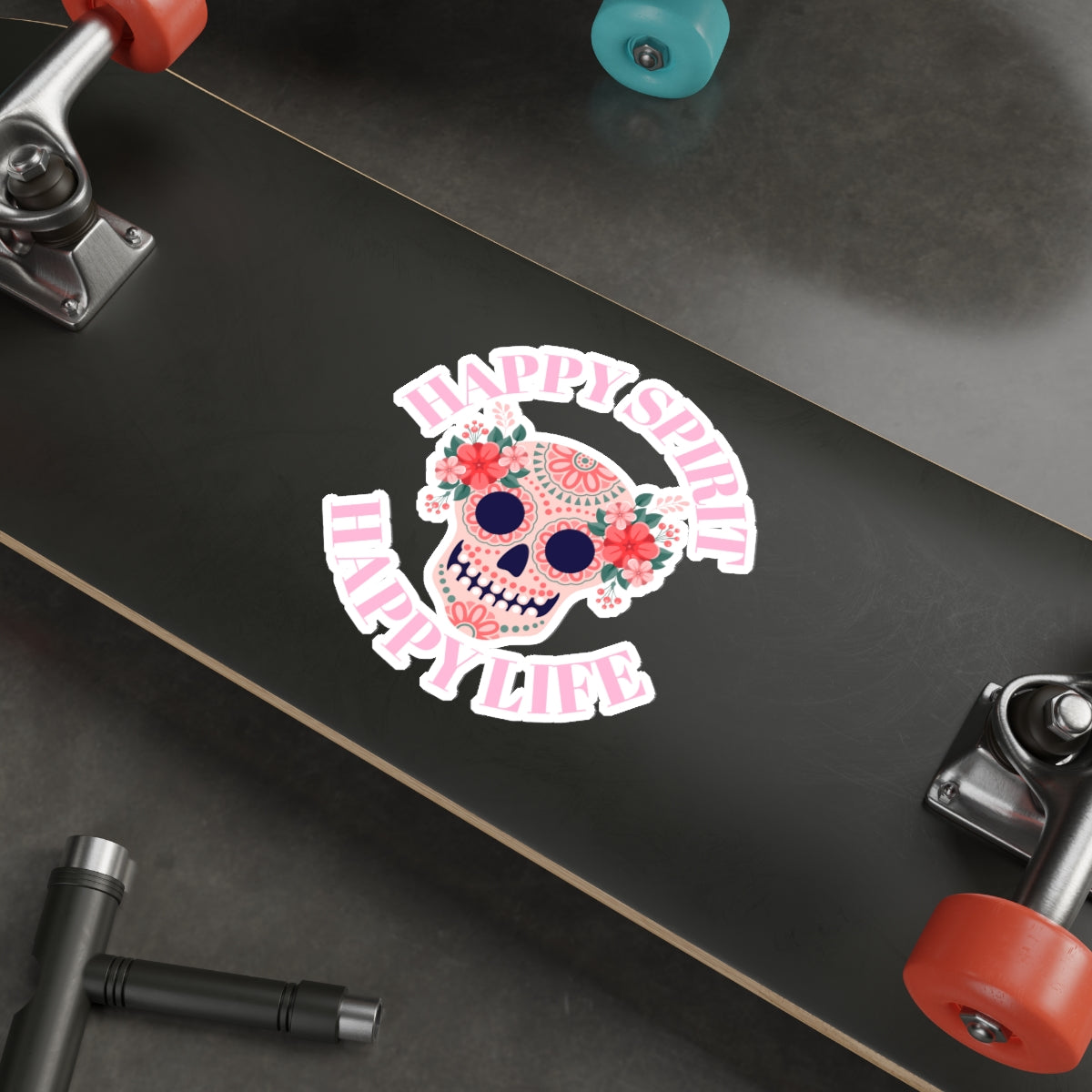 Dia De Los Muertes Day of the Dead Happy Spirit Happy Life Custom Die-Cut Stickers, Candy Skull Sticker, Skull Pink Peach Flowers Sticker