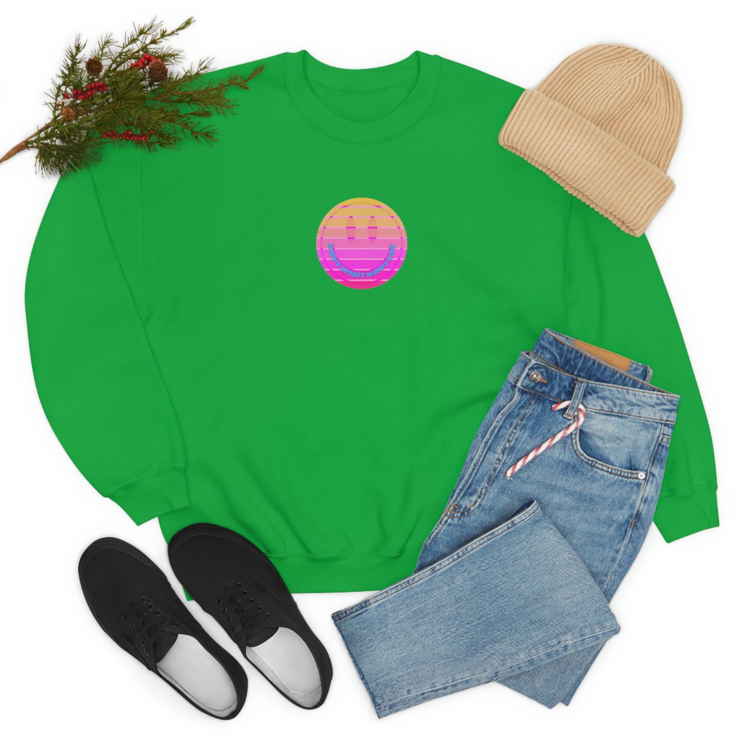 Happy Spirit Happy Life Sweatshirt, VSCO Girl Crewneck, Oversized Retro Font Graphic Tumblr, Front Print Smile Face Trendy Cover Up