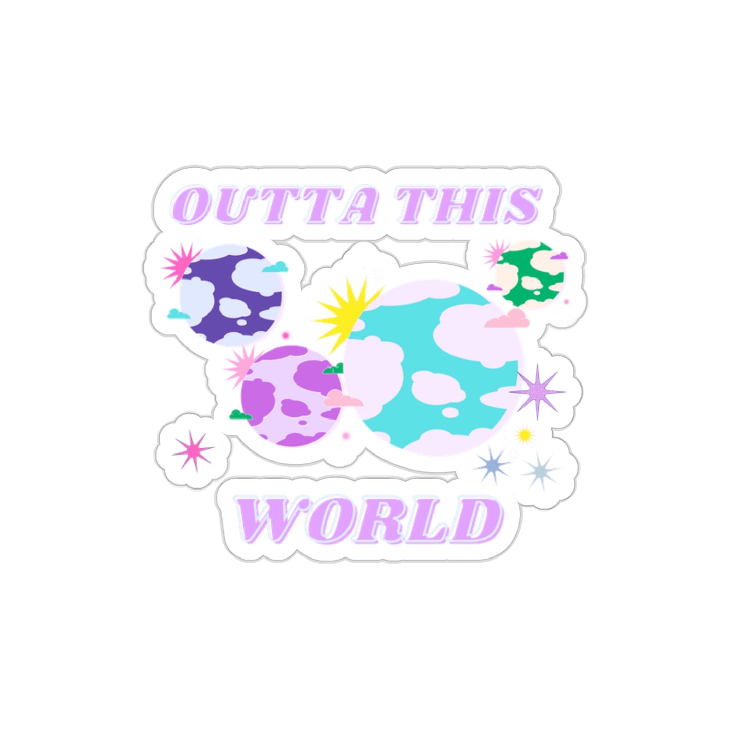 Retro Aesthetic Sticker Outta This World, Happy Mind Positivity Die-Cut Sticker, Pink Purple Galaxy Earth Smile Y2K Graphic