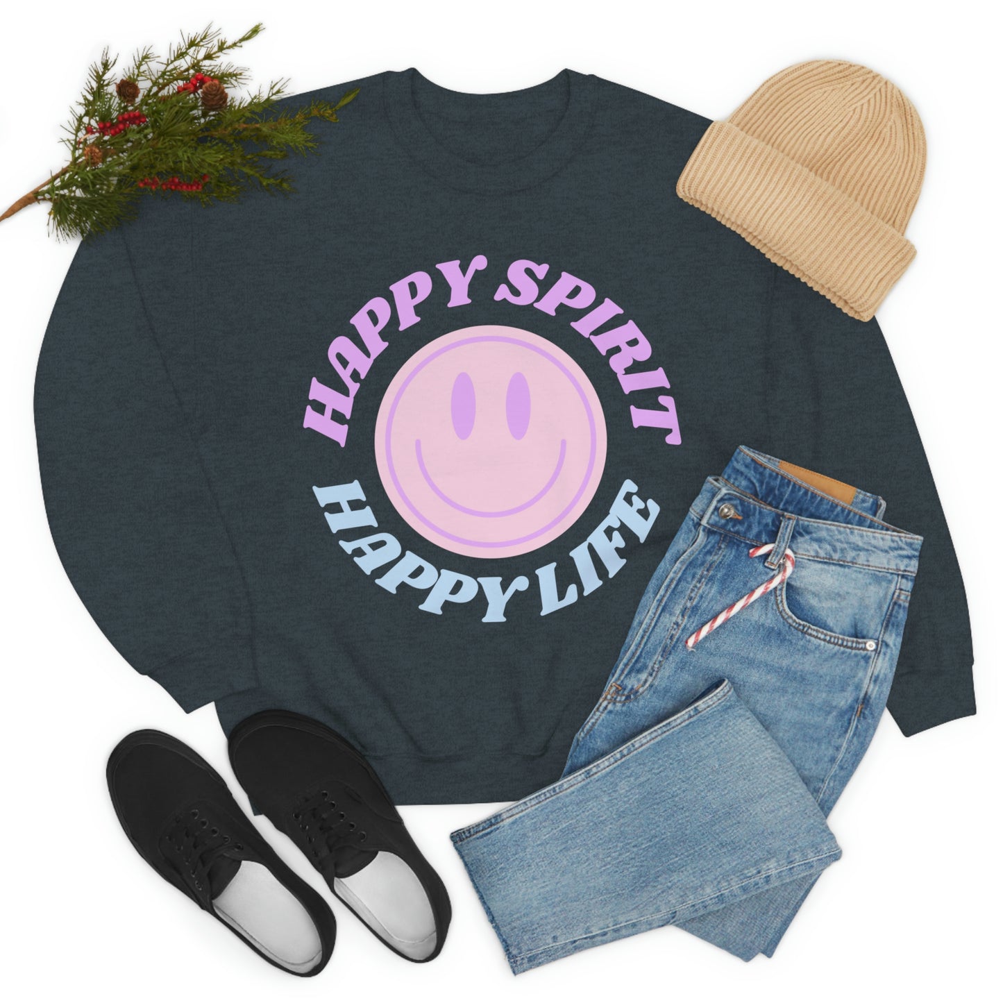 Happy Spirit Happy Life Sweatshirt, VSCO Girl Crewneck, Oversized Retro Font Graphic Tumblr, Front Print Smile Face Trendy Cover Up