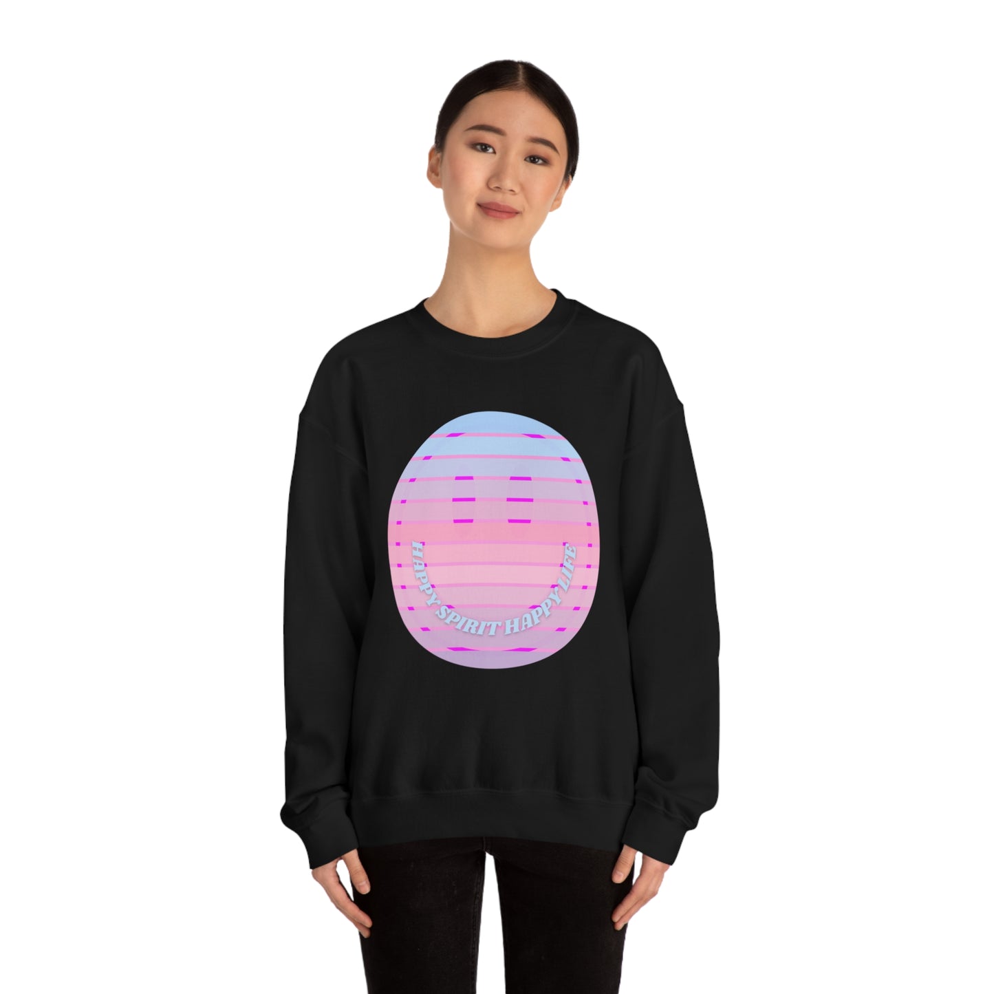 Happy Spirit Happy Life Sweatshirt, VSCO Girl Crewneck, Oversized Retro Font Graphic Tumblr, Front Print Smile Face Trendy Cover Up