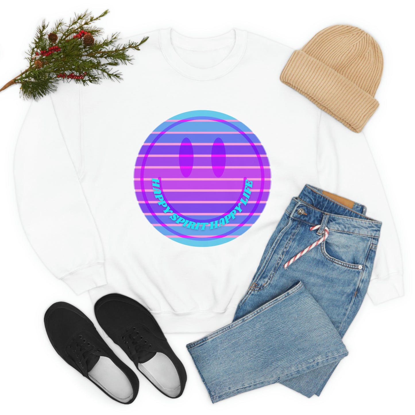 Happy Spirit Happy Life Sweatshirt, VSCO Girl Crewneck, Oversized Retro Font Graphic Tumblr, Front Print Smile Face Trendy Cover Up