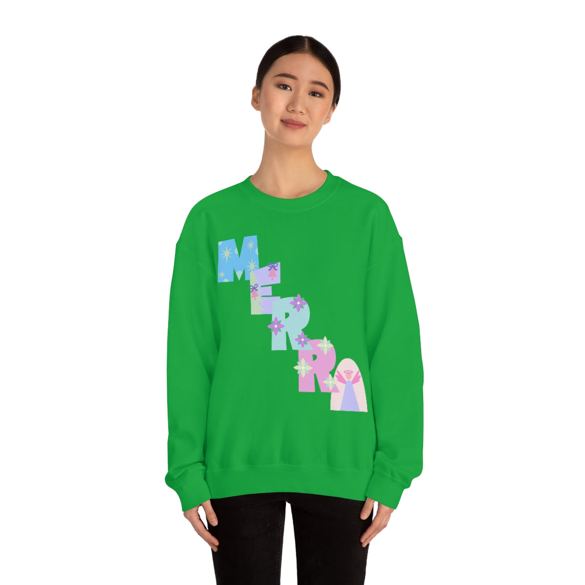 Pastel Christmas Sweatshirt, Holiday VSCO Girl Crewneck, Oversized Xmas Tumblr Sweater, Pastel Playful Letter Print Merry Trendy Sweatshirt