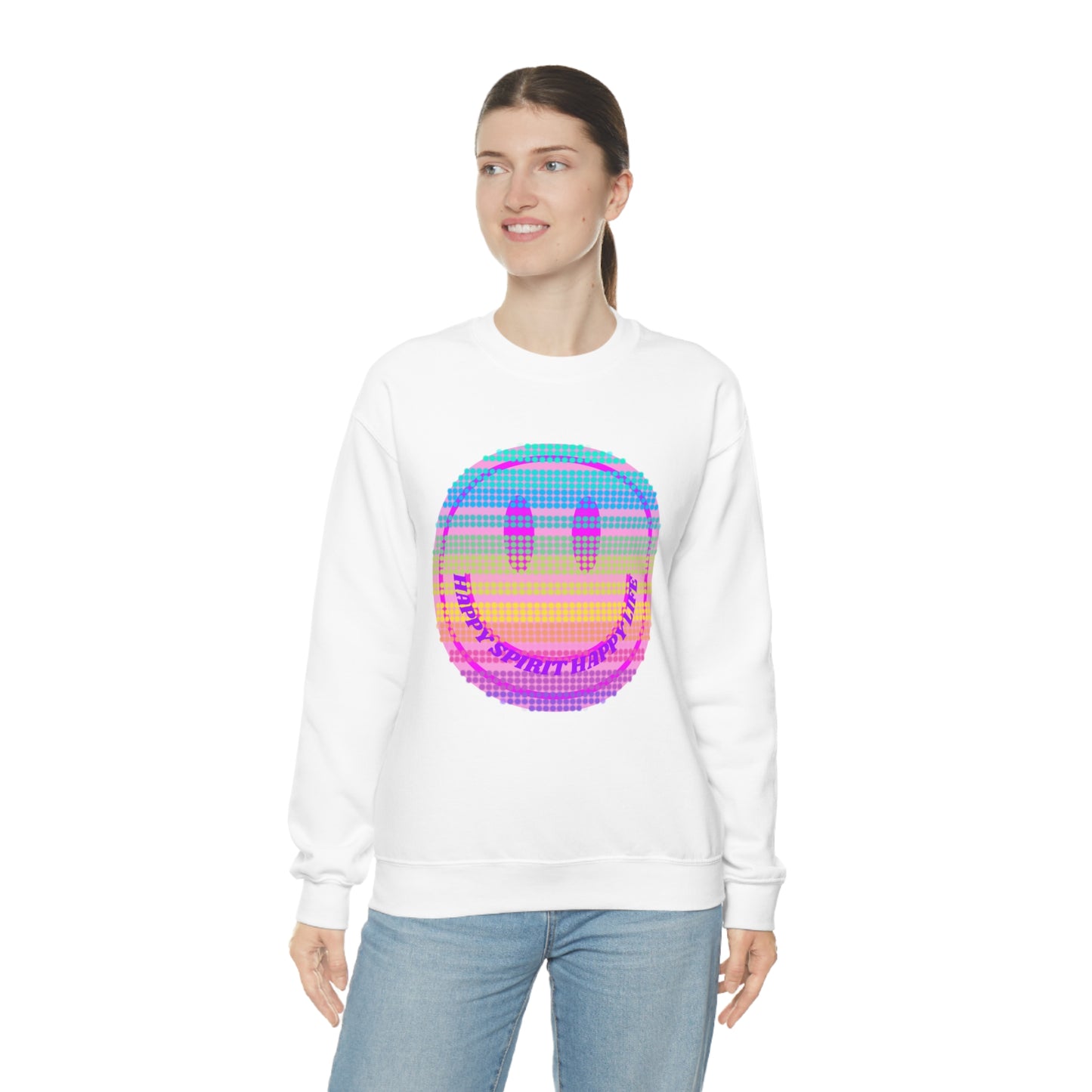 Happy Spirit Happy Life Sweatshirt, VSCO Girl Crewneck, Oversized Retro Font Graphic Tumblr, Front Print Smile Face Trendy Cover Up