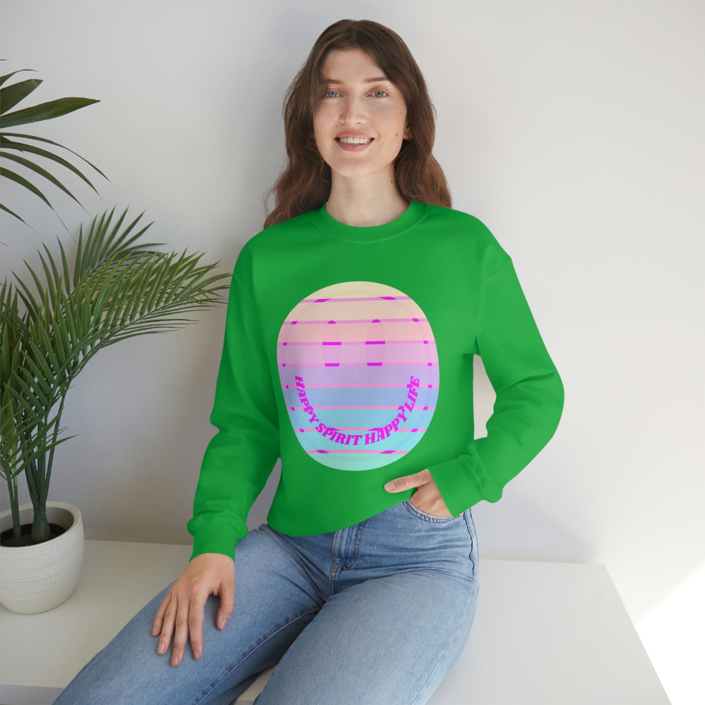 Happy Spirit Happy Life Sweatshirt, VSCO Girl Crewneck, Oversized Retro Font Graphic Tumblr, Front Print Smile Face Trendy Cover Up