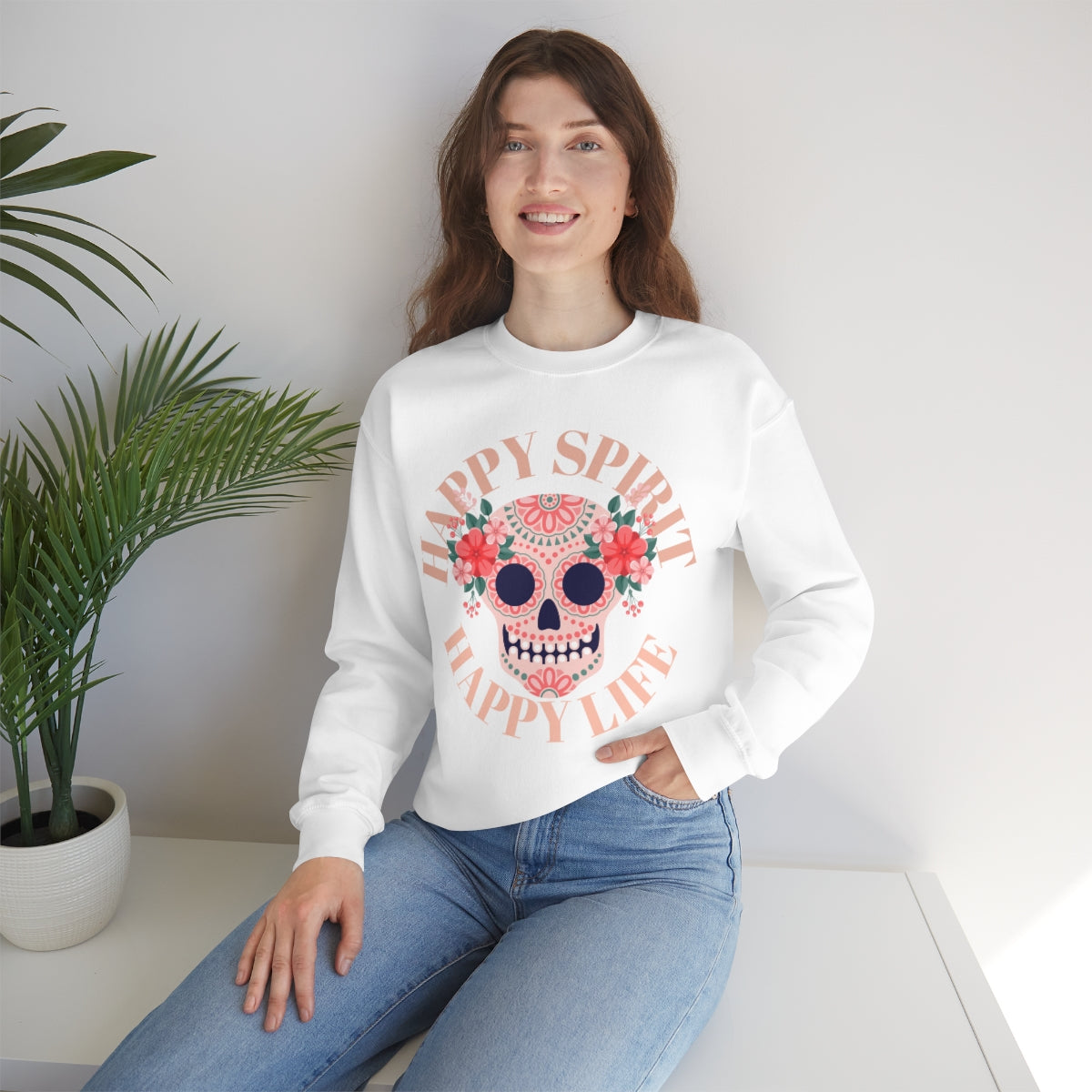 Dia De Los Muertos Crewneck Sweatshirt, Day of the Dead Gift, Happy Spirit Happy Life, Honoring the Dead Aesthetic Candy Skull, Sugar Skull