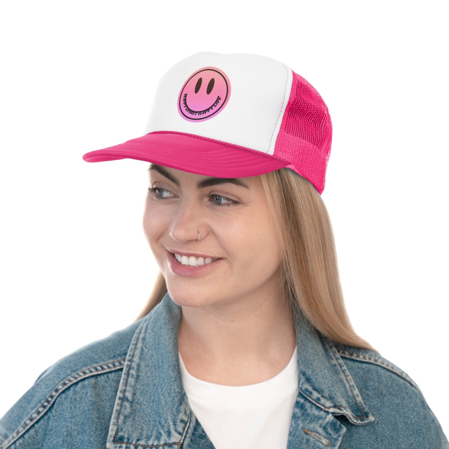 Hat Happy Spirit Happy Life, Aesthetic Sunset Hat, Smile Tumblr Hat, Trendy Trucker Hat, Vsco Girl, Pink Graphic Trucker Hat, Baseball Hat