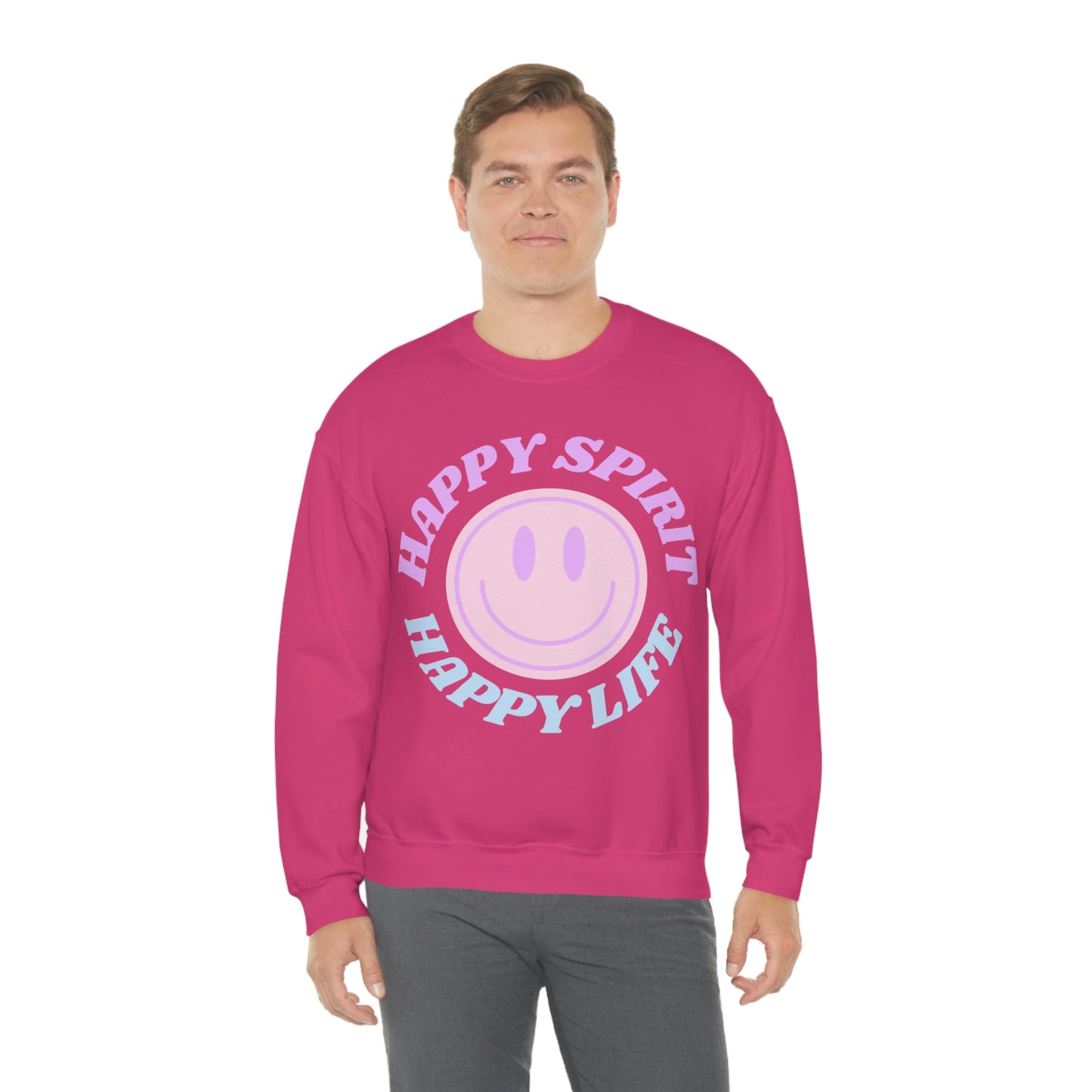 Happy Spirit Happy Life Sweatshirt, VSCO Girl Crewneck, Oversized Retro Font Graphic Tumblr, Front Print Smile Face Trendy Cover Up