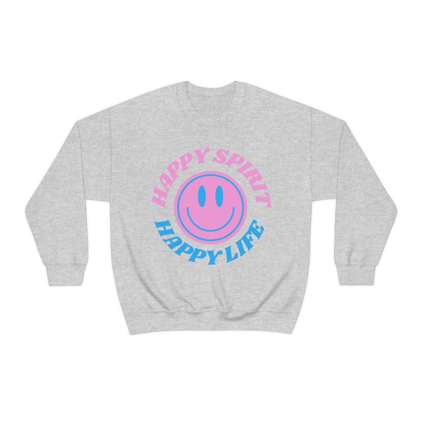Happy Spirit Happy Life Sweatshirt, VSCO Girl Crewneck, Oversized Retro Font Graphic Tumblr, Front Print Smile Face Trendy Cover Up