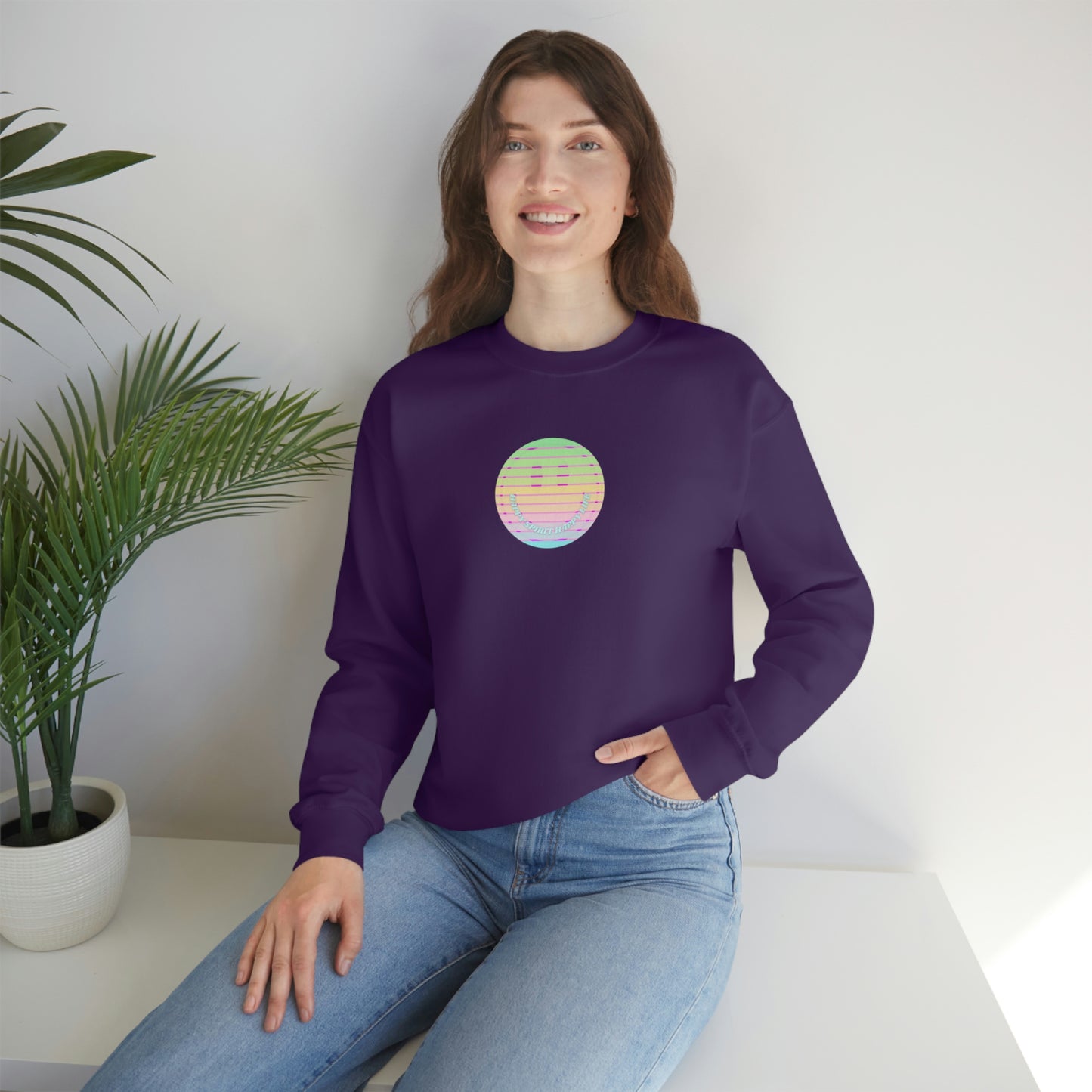 Happy Spirit Happy Life Sweatshirt, VSCO Girl Crewneck, Oversized Retro Font Graphic Tumblr, Front Print Smile Face Trendy Cover Up
