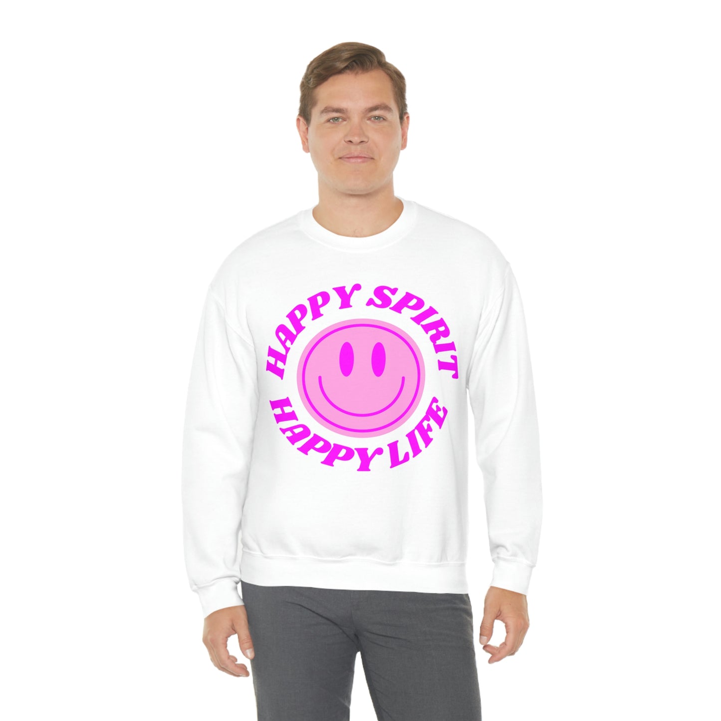 Happy Spirit Happy Life Sweatshirt, VSCO Girl Crewneck, Oversized Retro Font Graphic Tumblr, Front Print Smile Face Trendy Cover Up