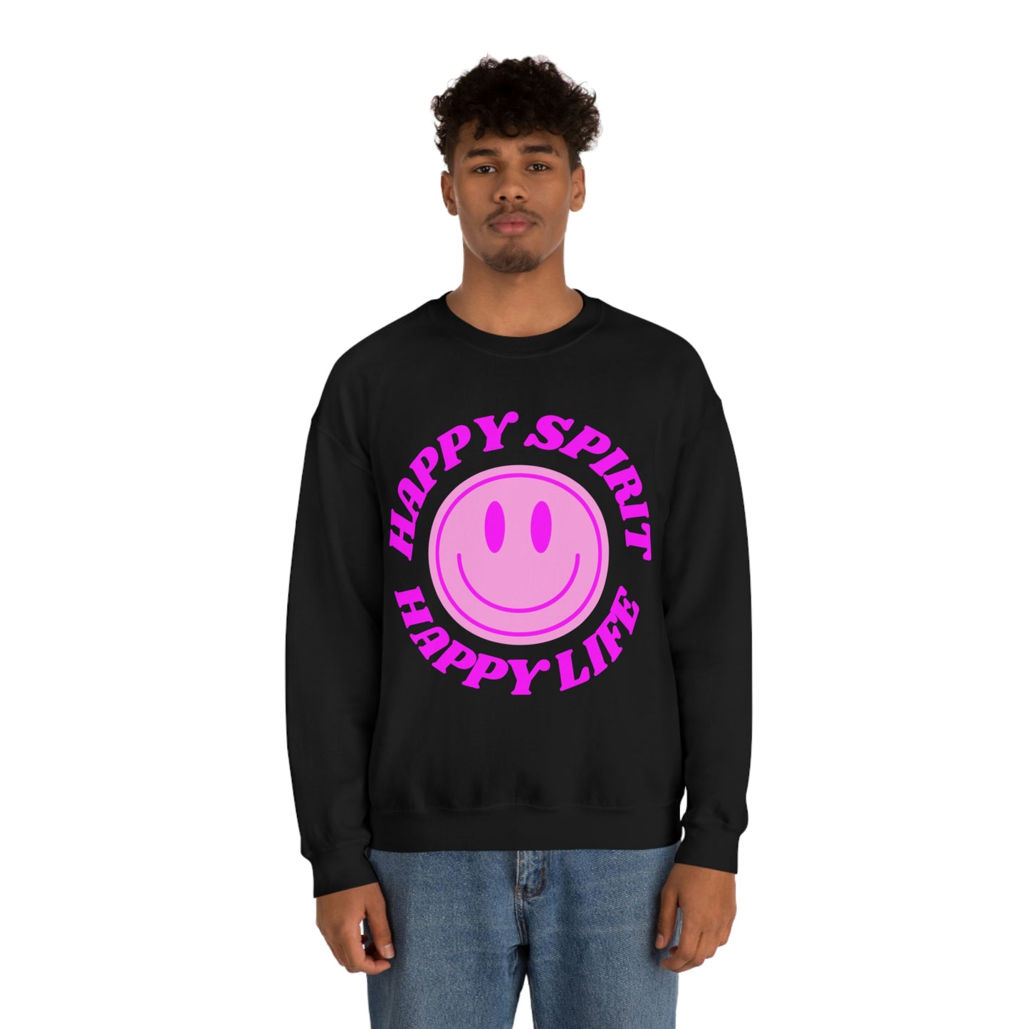 Happy Spirit Happy Life Sweatshirt, VSCO Girl Crewneck, Oversized Retro Font Graphic Tumblr, Front Print Smile Face Trendy Cover Up