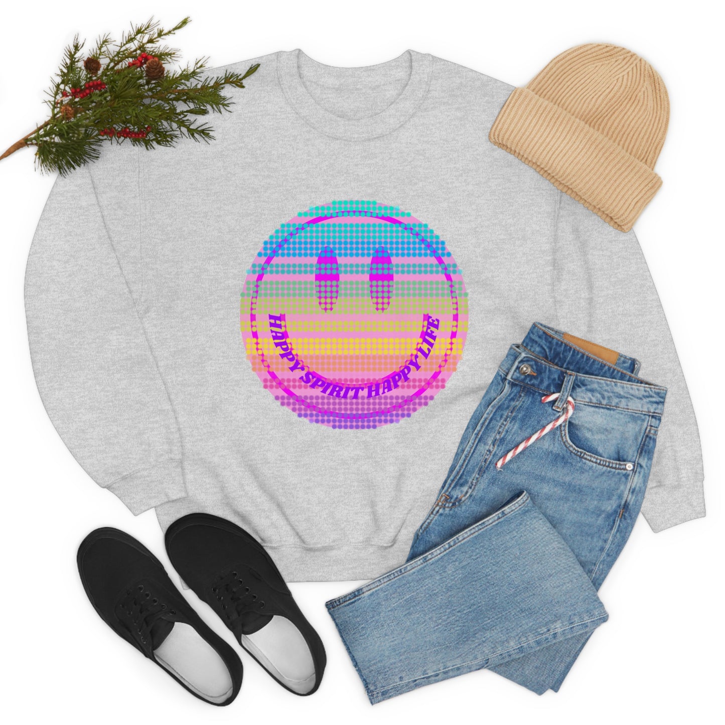 Happy Spirit Happy Life Sweatshirt, VSCO Girl Crewneck, Oversized Retro Font Graphic Tumblr, Front Print Smile Face Trendy Cover Up