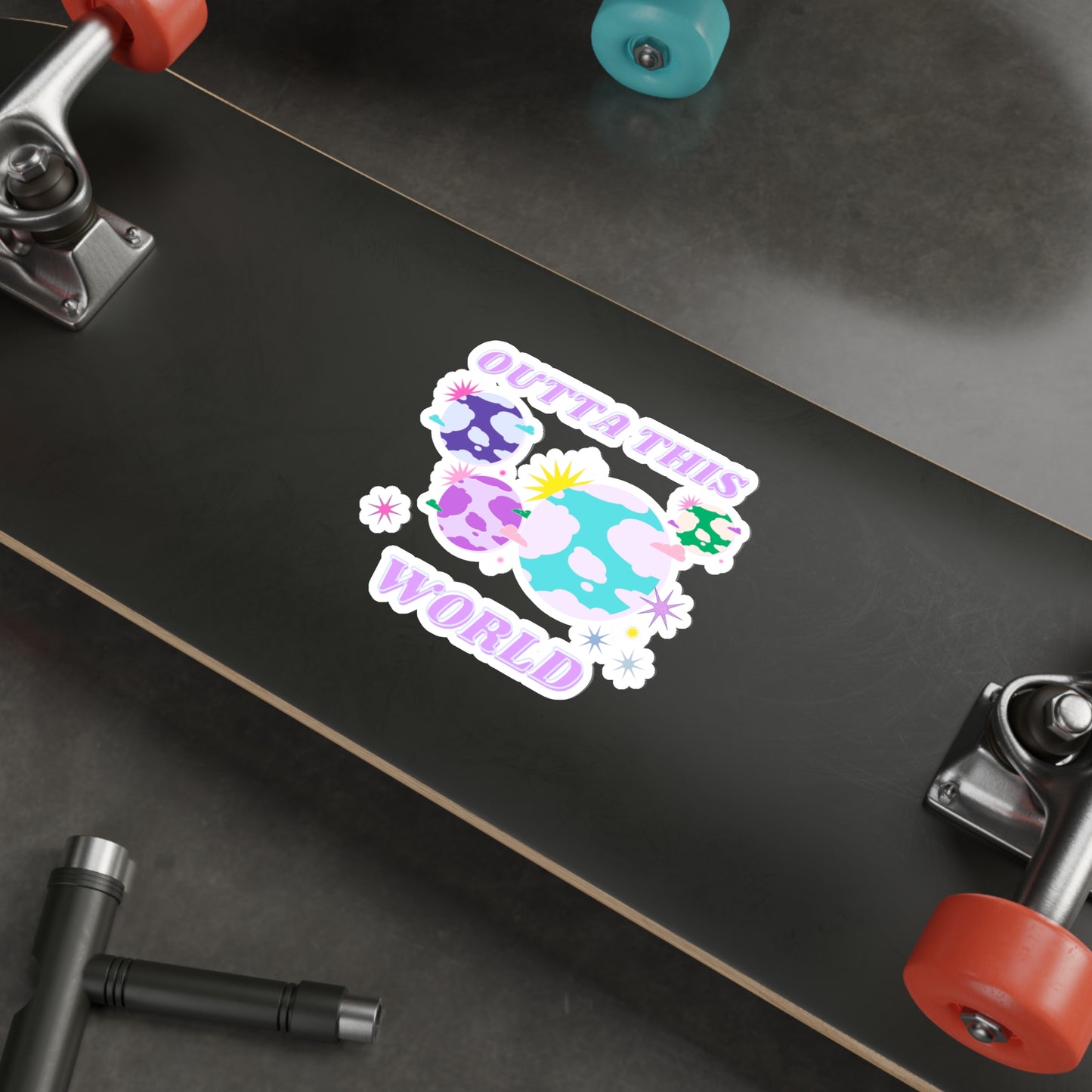Retro Aesthetic Sticker Outta This World, Happy Mind Positivity Die-Cut Sticker, Pink Purple Galaxy Earth Smile Y2K Graphic