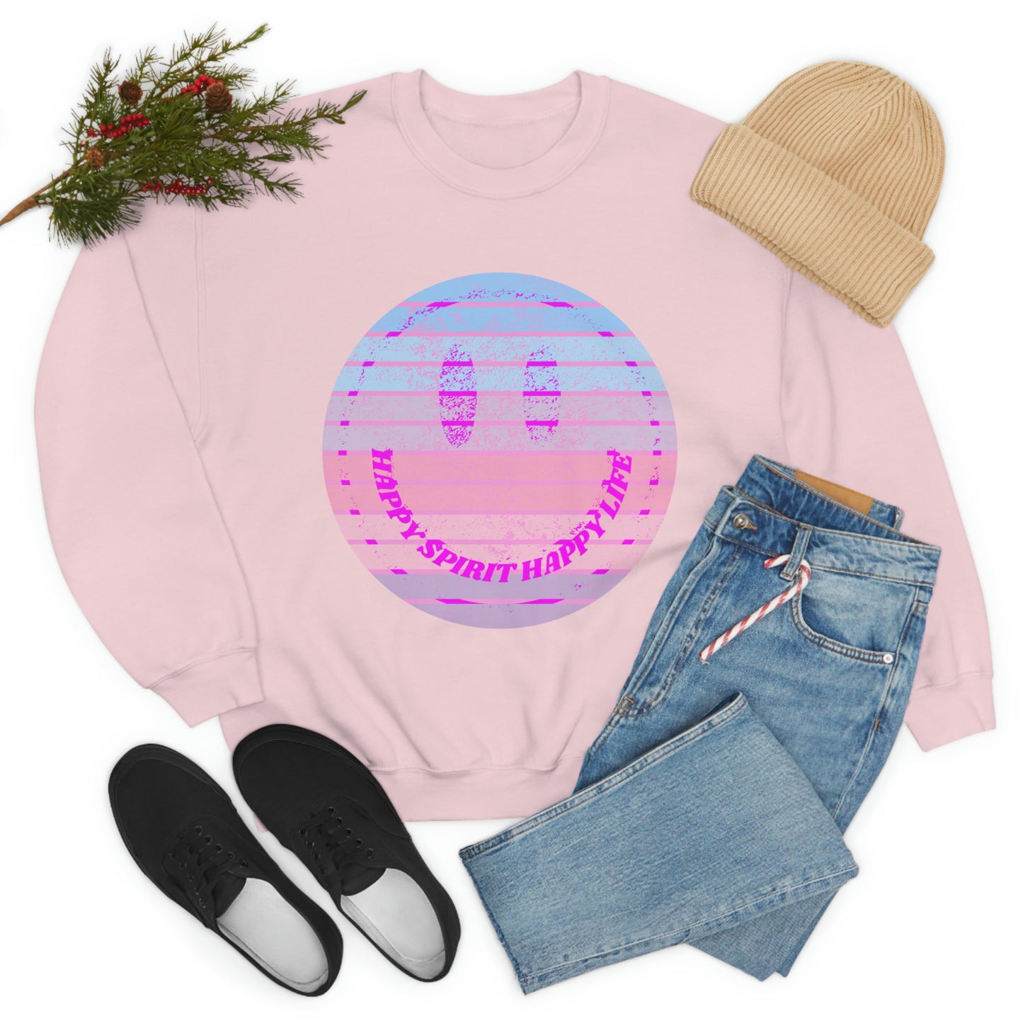 Happy Spirit Happy Life Sweatshirt, VSCO Girl Crewneck, Oversized Retro Font Graphic Tumblr, Front Print Smile Face Trendy Cover Up