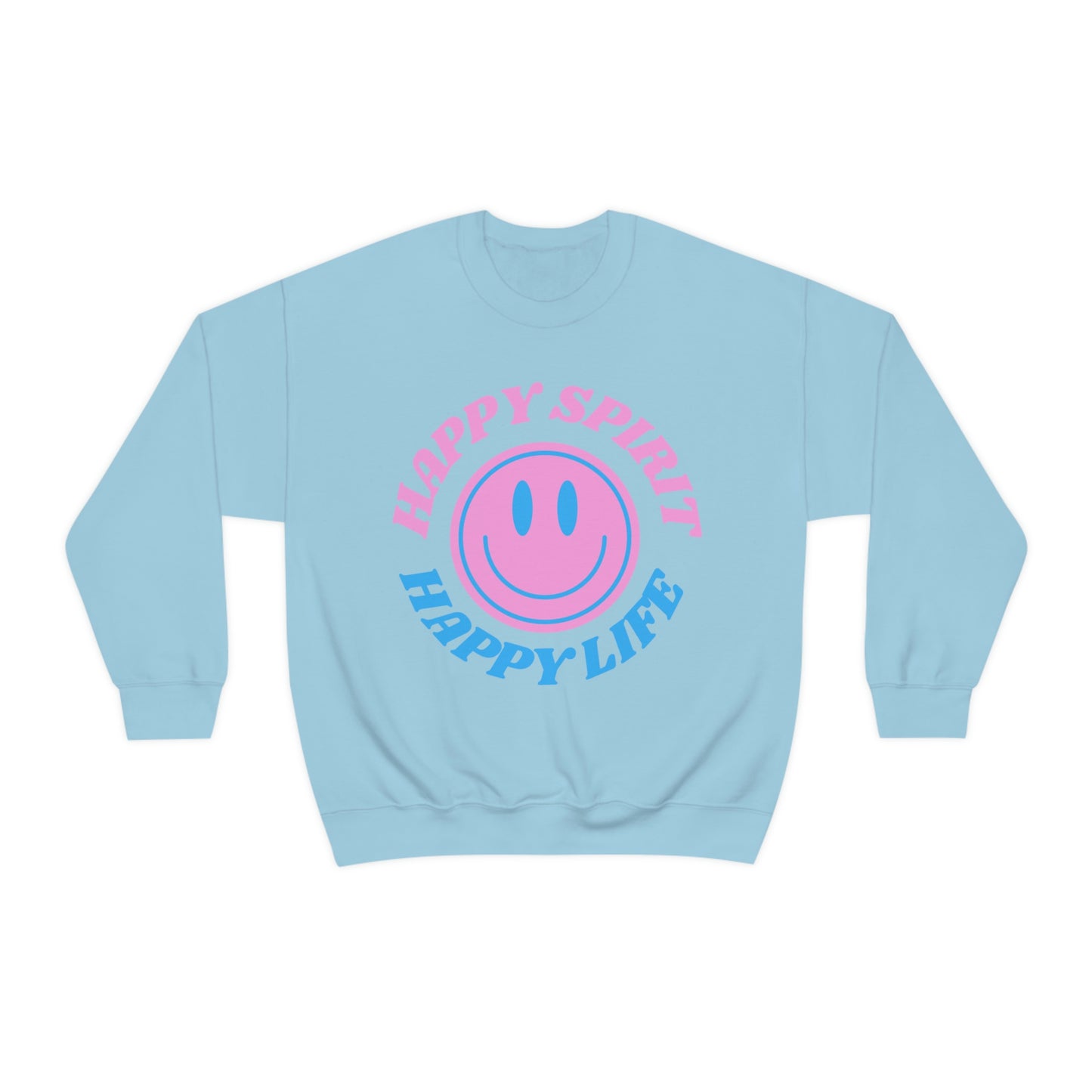 Happy Spirit Happy Life Sweatshirt, VSCO Girl Crewneck, Oversized Retro Font Graphic Tumblr, Front Print Smile Face Trendy Cover Up
