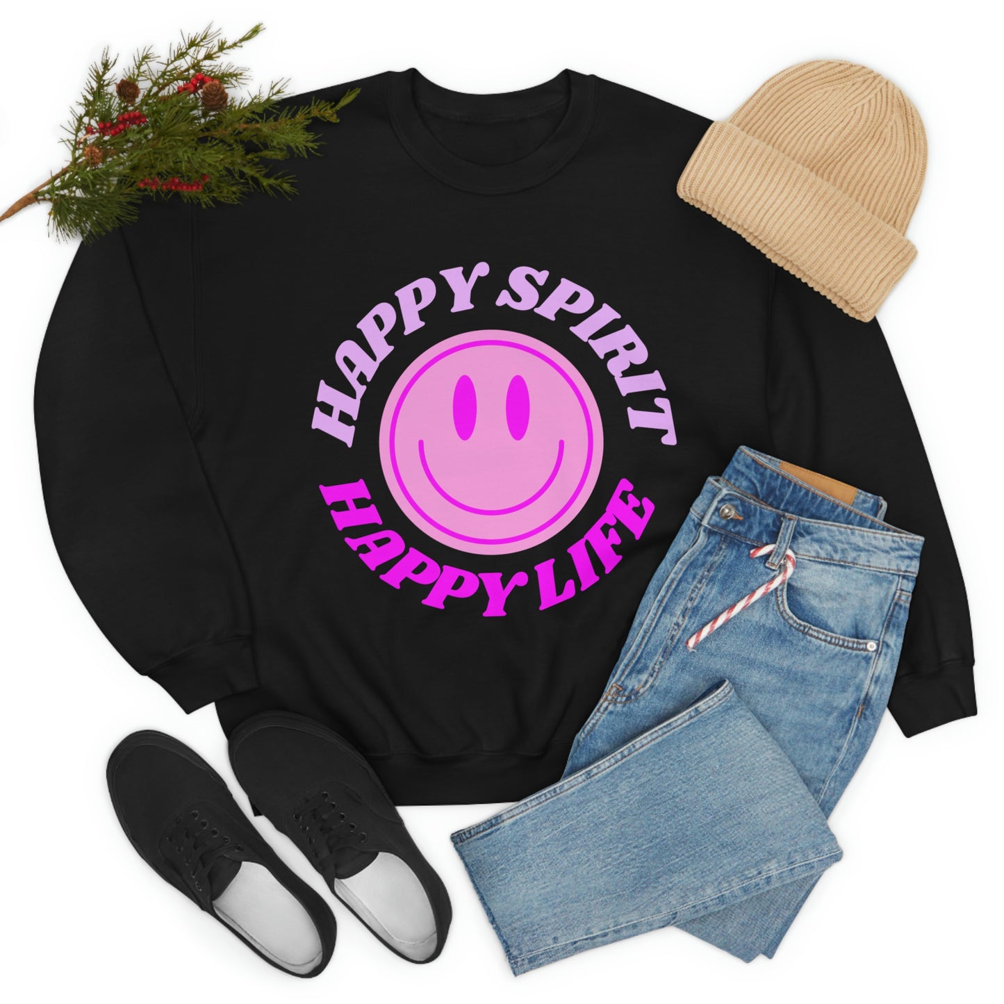 Happy Spirit Happy Life Sweatshirt, VSCO Girl Crewneck, Oversized Retro Font Graphic Tumblr, Front Print Smile Face Trendy Cover Up
