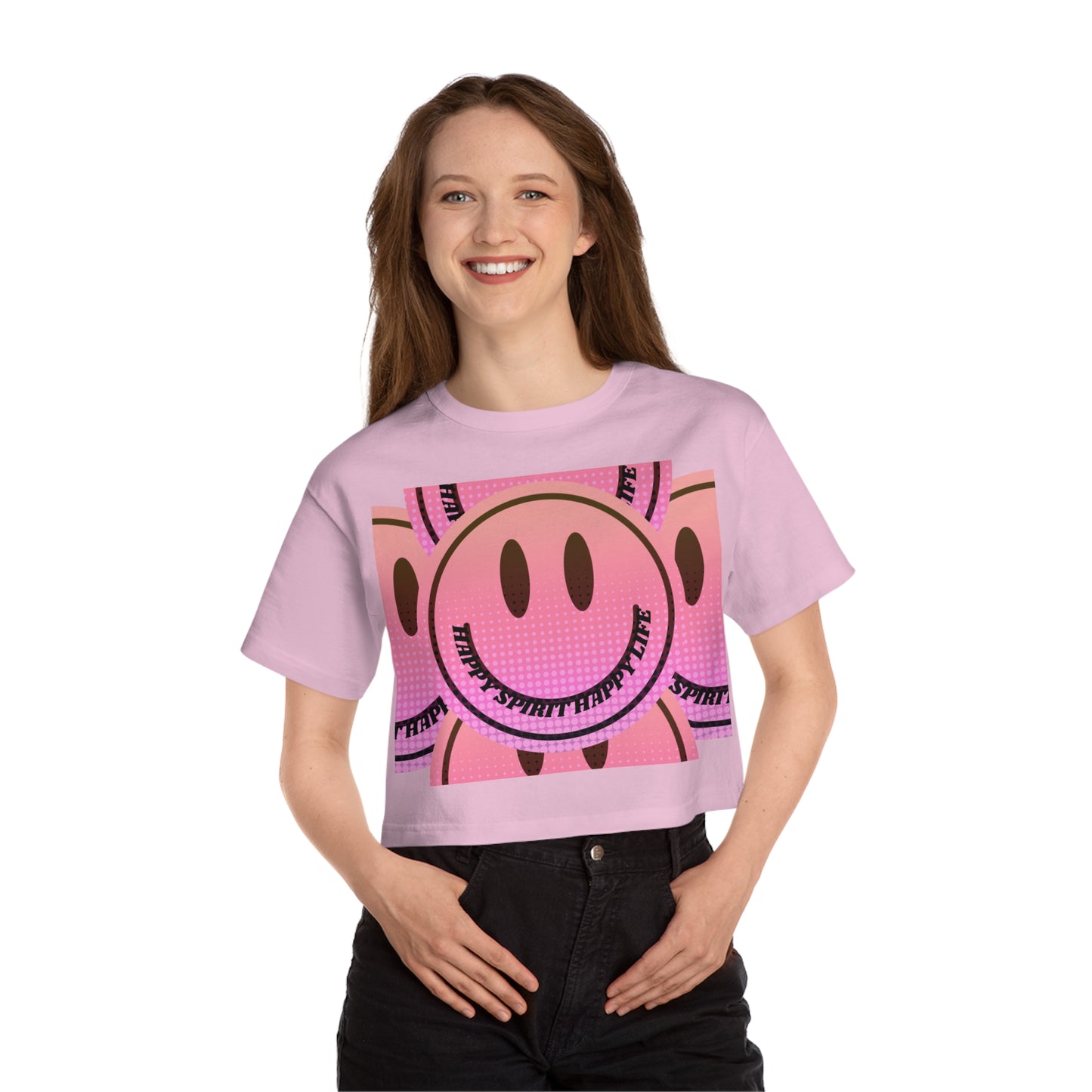 Aesthetic Smile Face Crop Shirt, Happy Spirit Happy Life Cropped Shirt, Smile Pink Sunset Ombre Champion Women's Heritage Cropped T-Shirt