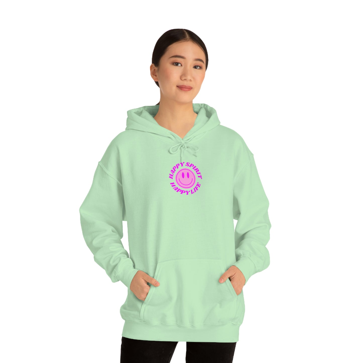 Happy Spirit Happy Life Hoodie Gildan VSCO Girl Sweatshirt, Oversized Tumblr Front Back Print Smile Happy Mind Trendy Retro Font Cover UP