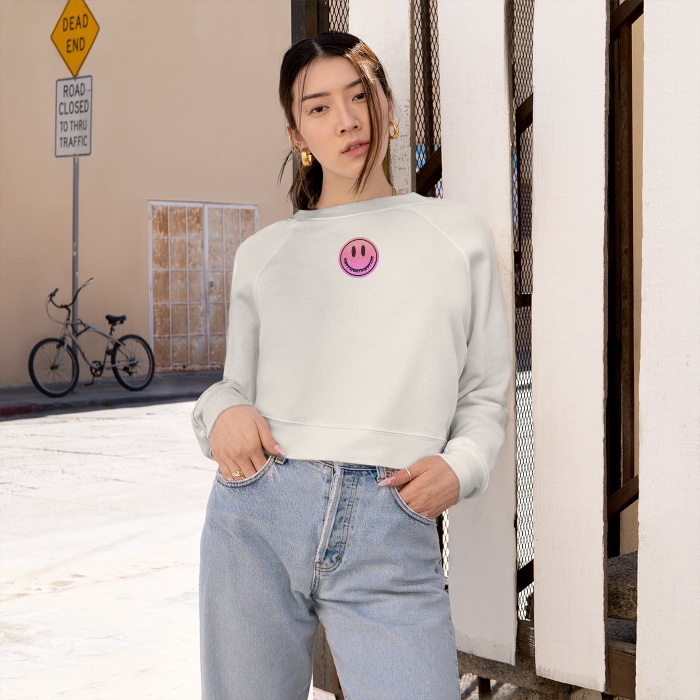 Aesthetic Cropped Sweatshirt, Smile Face Crop Top, Happy Spirit Happy Life Sunset Smile Cropped Top, Women's Cropped Fleece Pullover