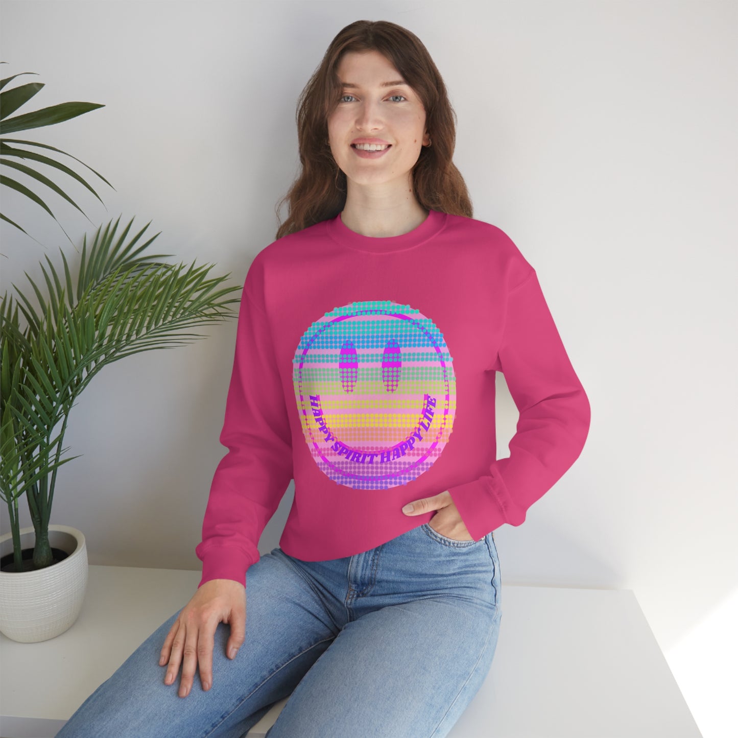 Happy Spirit Happy Life Sweatshirt, VSCO Girl Crewneck, Oversized Retro Font Graphic Tumblr, Front Print Smile Face Trendy Cover Up