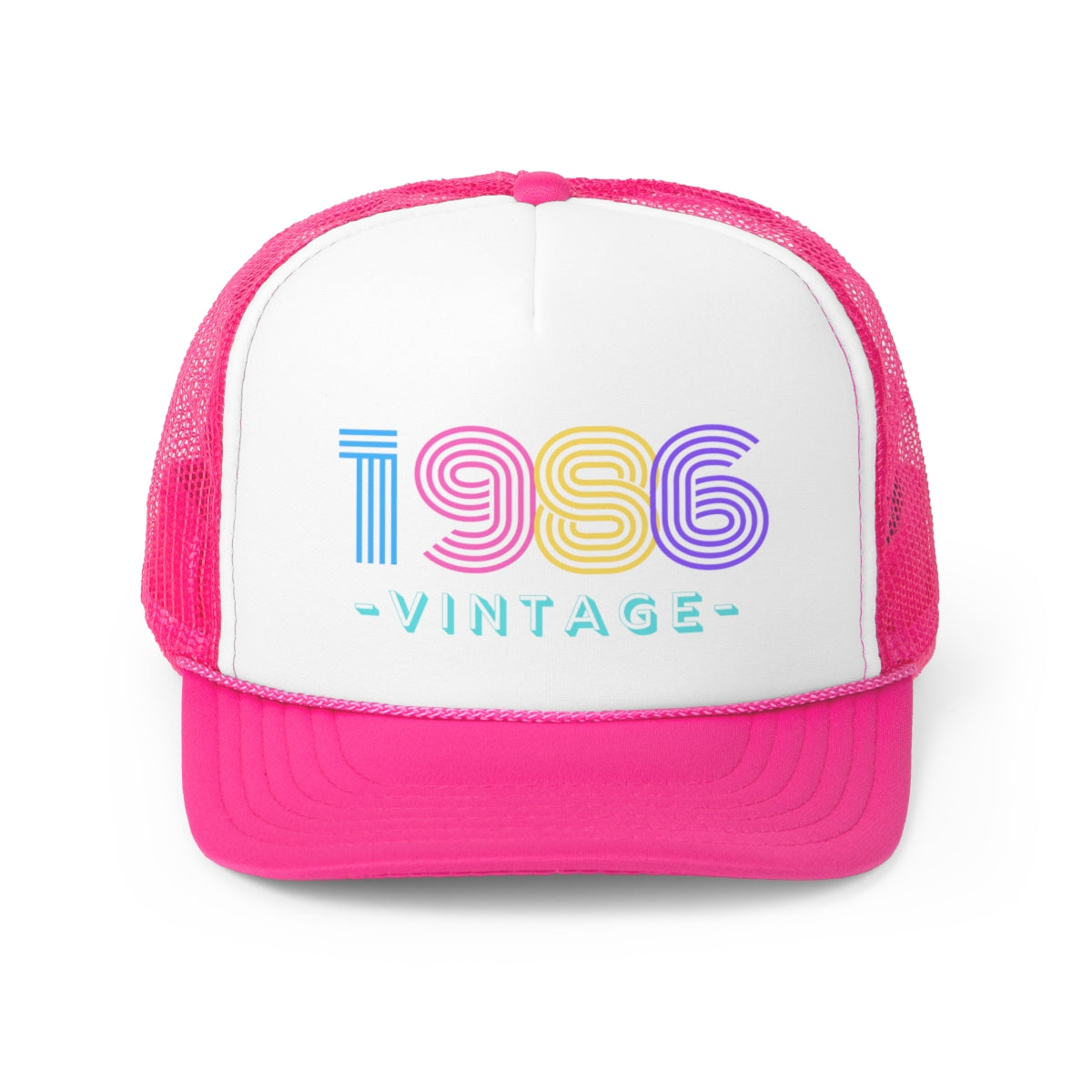 Personalized Pink Trucker Hat Vintage 1986 - Aesthetic Hat, Birthday Custom Tumblr hat, Trendy Vsco girl, Pink Graphic Trucker Baseball Hat