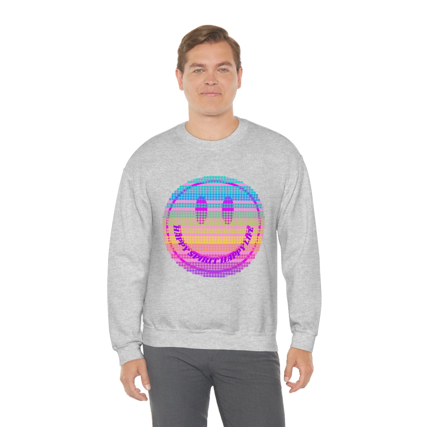 Happy Spirit Happy Life Sweatshirt, VSCO Girl Crewneck, Oversized Retro Font Graphic Tumblr, Front Print Smile Face Trendy Cover Up
